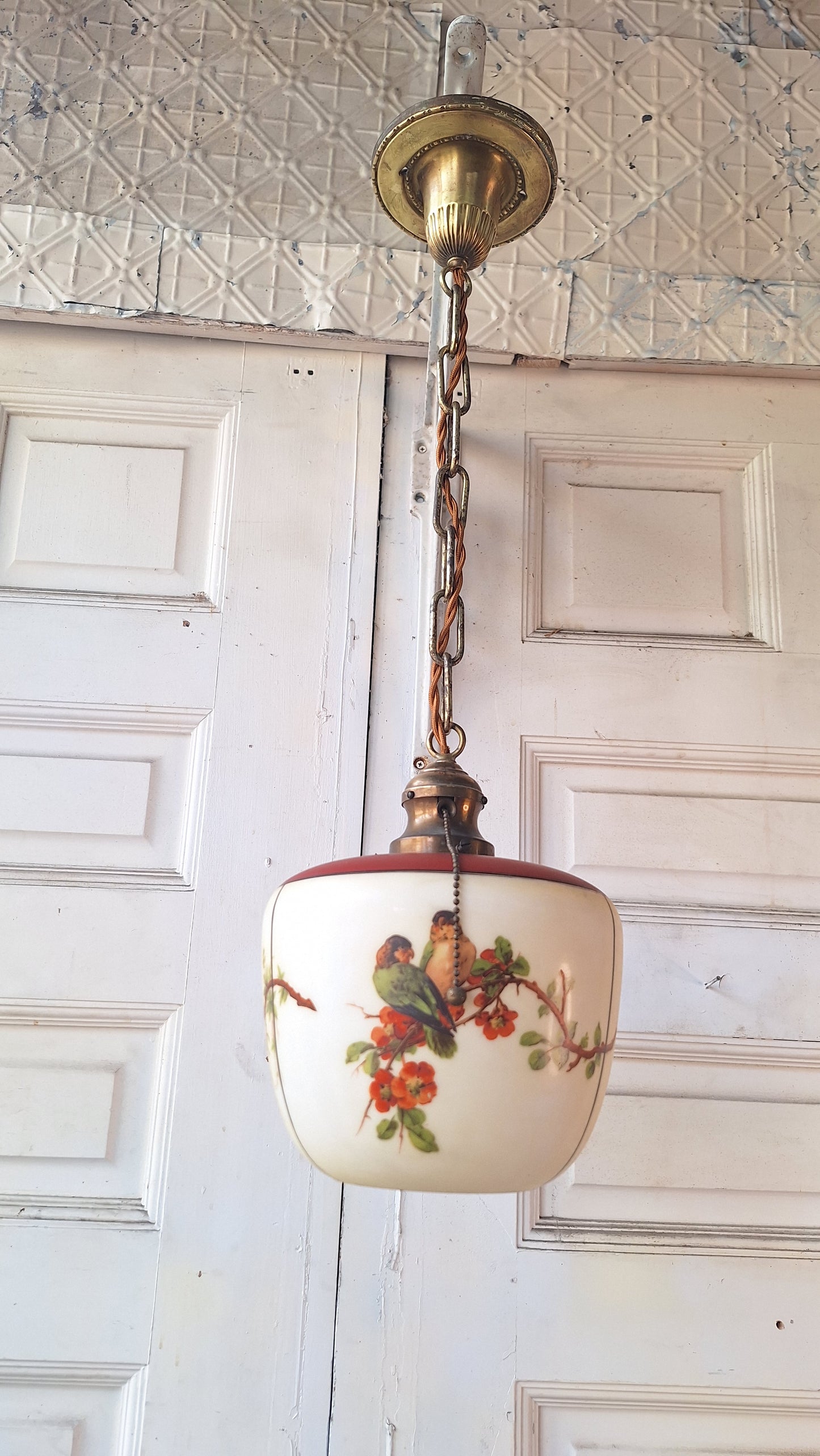 Vintage Parrot Pull Chain Pendant Light, Brass Bird Design Hanging Light, Pull Chain Bird and Flower Design Light