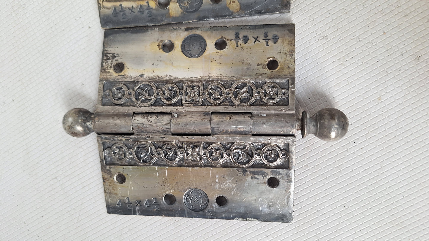 Pair of Yale Ornate Design Door Hinges, Nickel Plated Antique Door Hinges Set, Victorian Era Door Hardware 072001