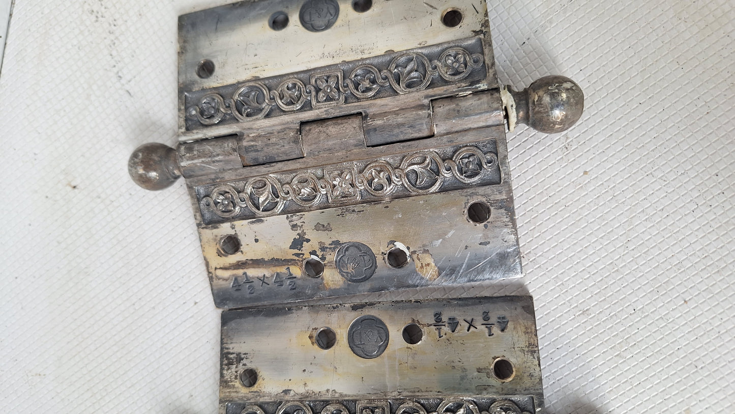 Pair of Yale Ornate Design Door Hinges, Nickel Plated Antique Door Hinges Set, Victorian Era Door Hardware 072001