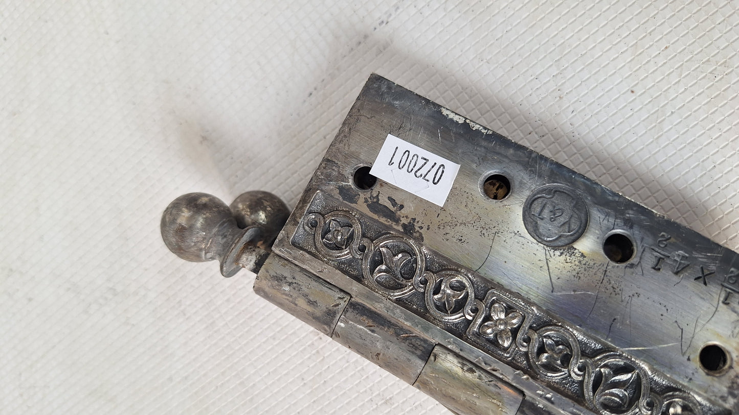 Pair of Yale Ornate Design Door Hinges, Nickel Plated Antique Door Hinges Set, Victorian Era Door Hardware 072001