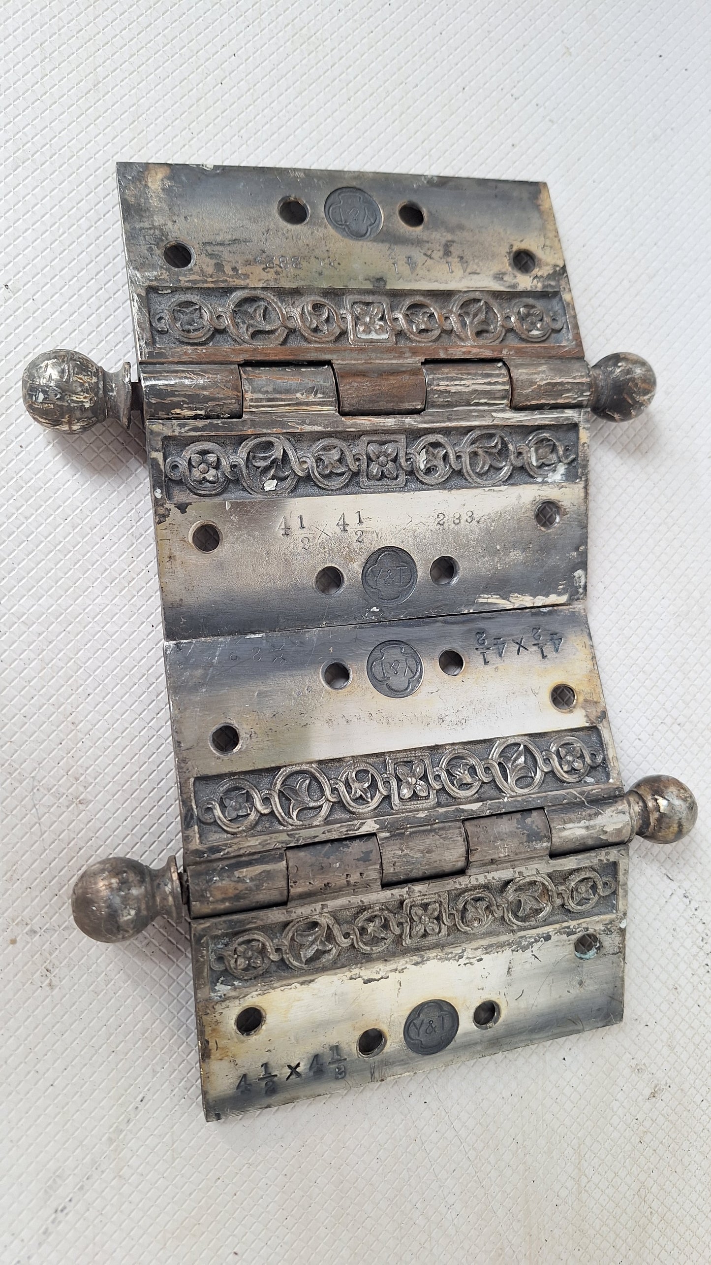 Pair of Yale Ornate Design Door Hinges, Nickel Plated Antique Door Hinges Set, Victorian Era Door Hardware 072002