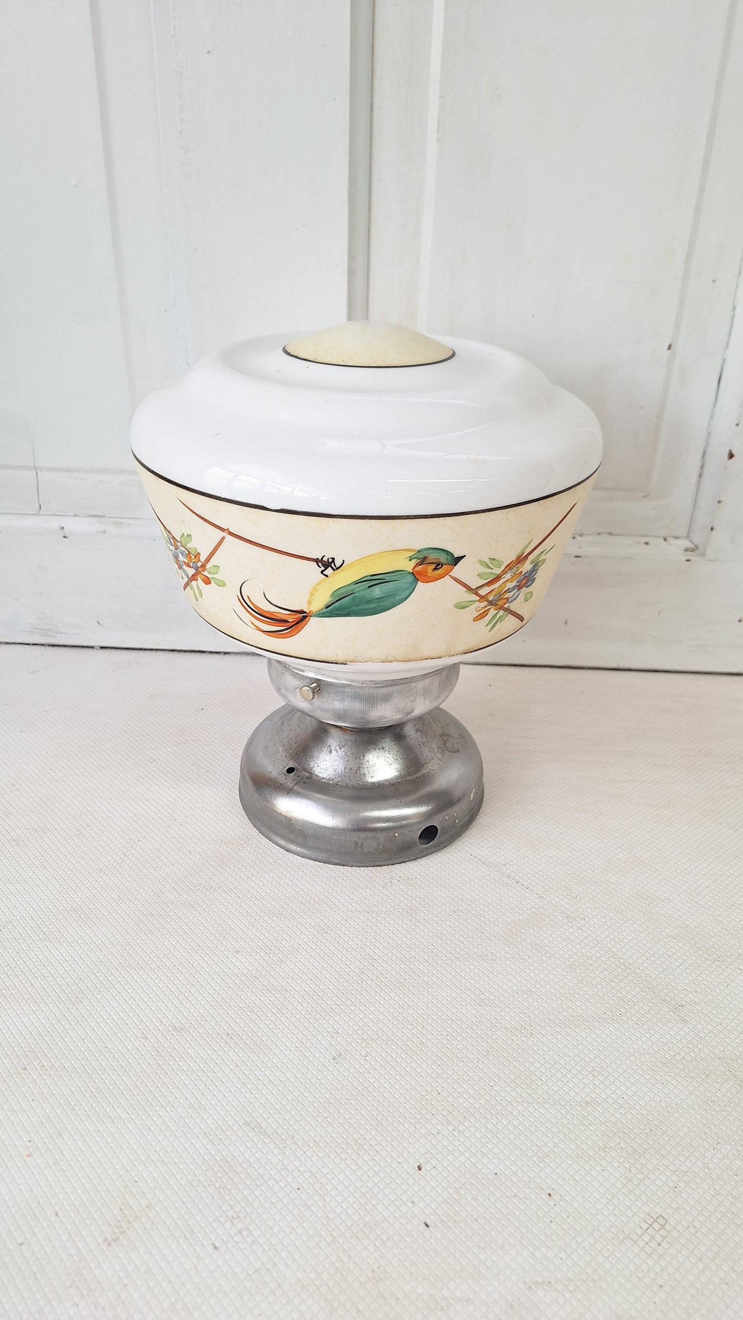 Vintage Painted Bird Pendant Light, Brass Bird Design Hanging Light, Bird and Flower Design Light 072701