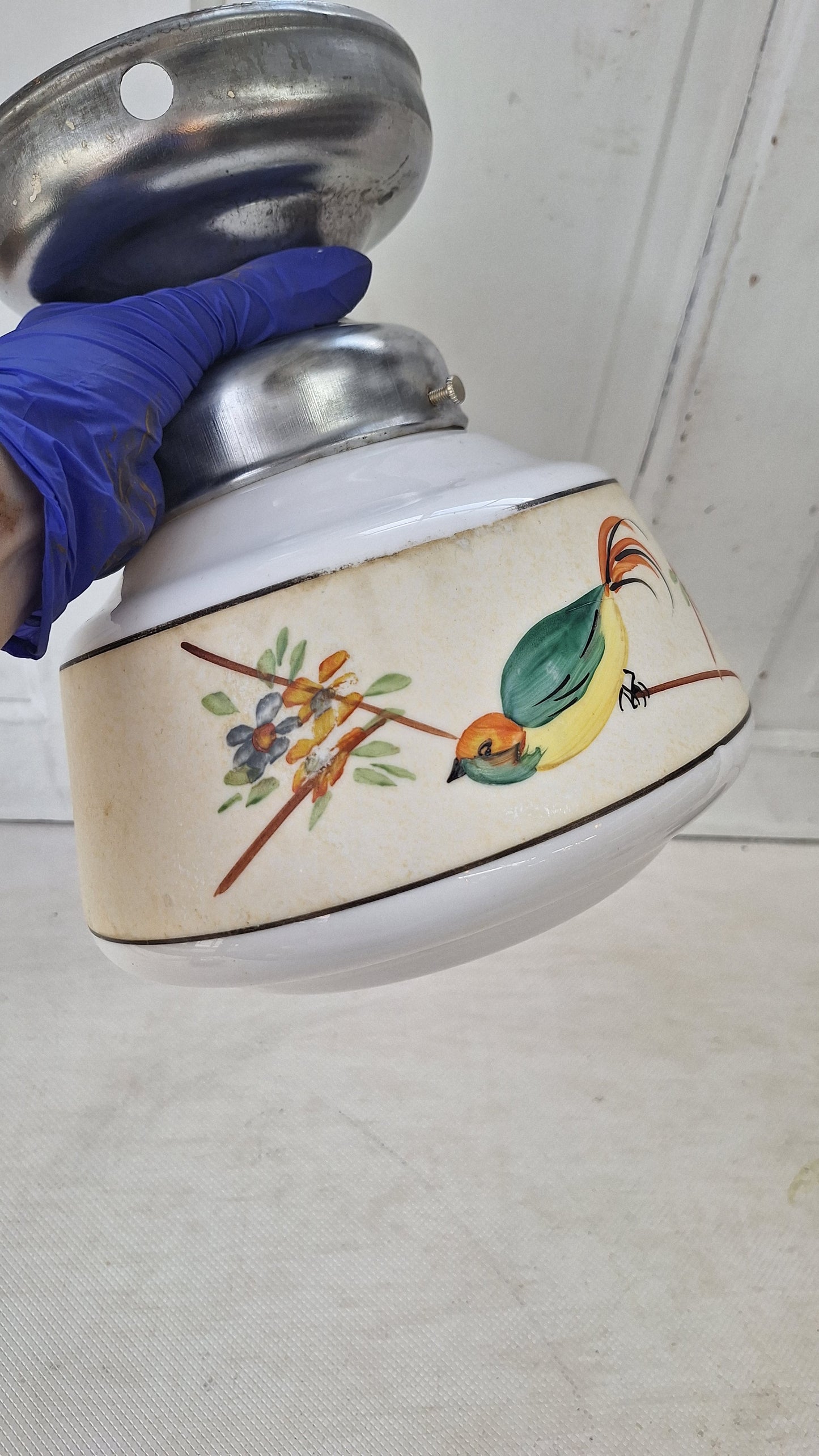 Vintage Painted Bird Pendant Light, Brass Bird Design Hanging Light, Bird and Flower Design Light 072701