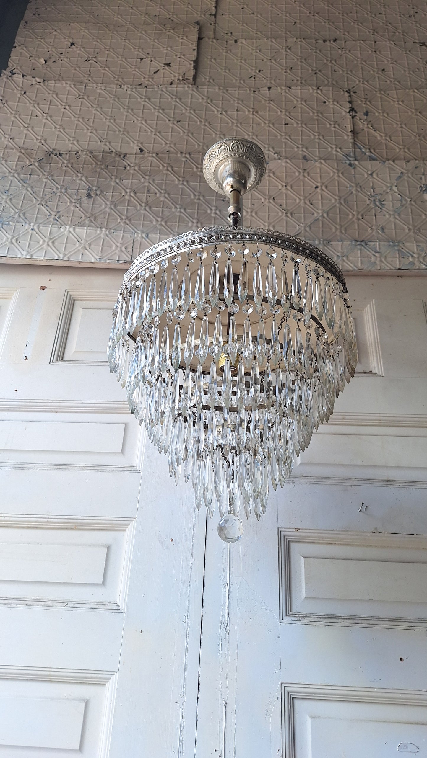 Antique Crystal Wedding Cake or Waterfall Chandelier, Empire Style Cut Glass Tiered Light 072703
