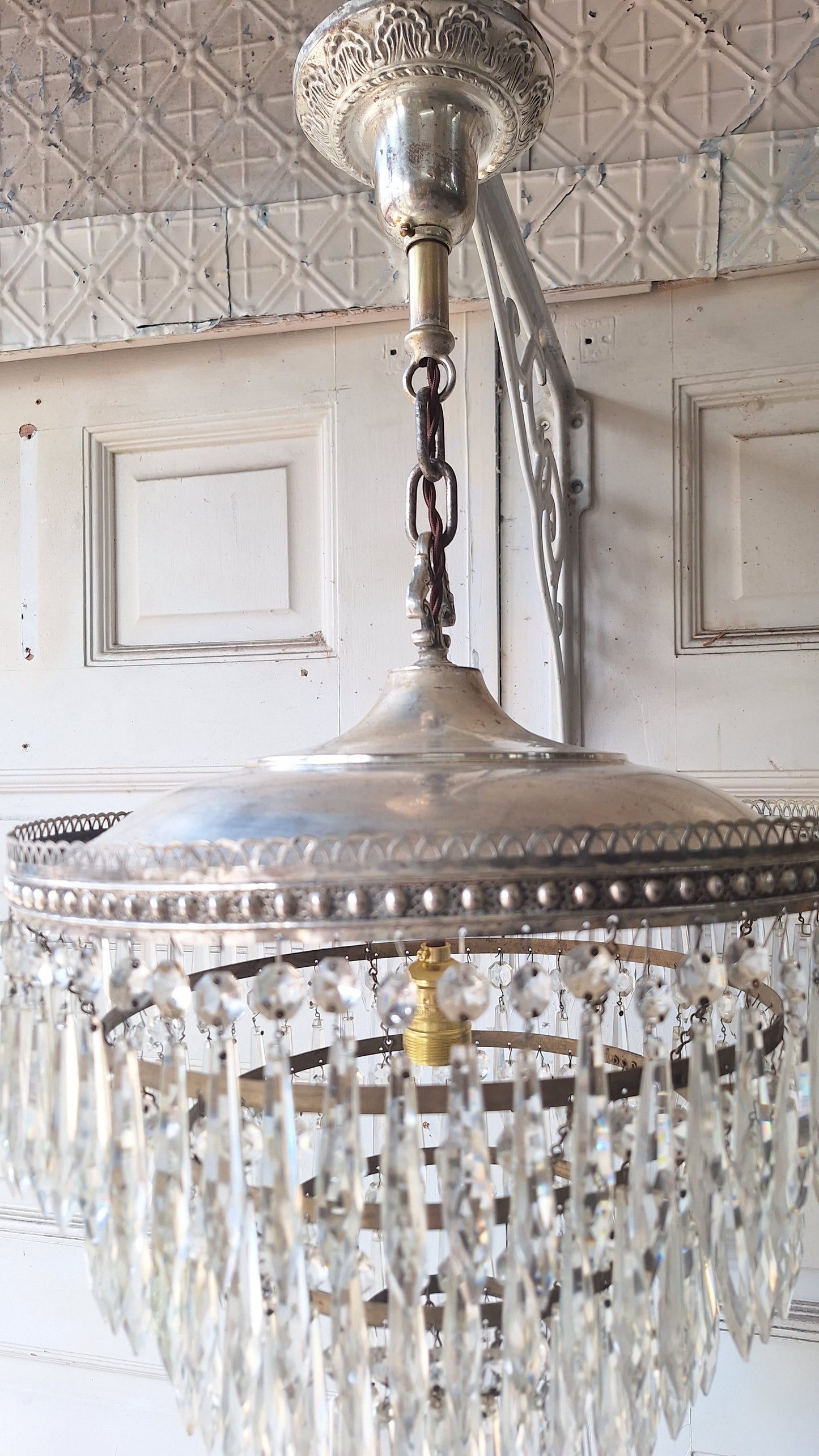 Antique Crystal Wedding Cake or Waterfall Chandelier, Empire Style Cut Glass Tiered Light 072703