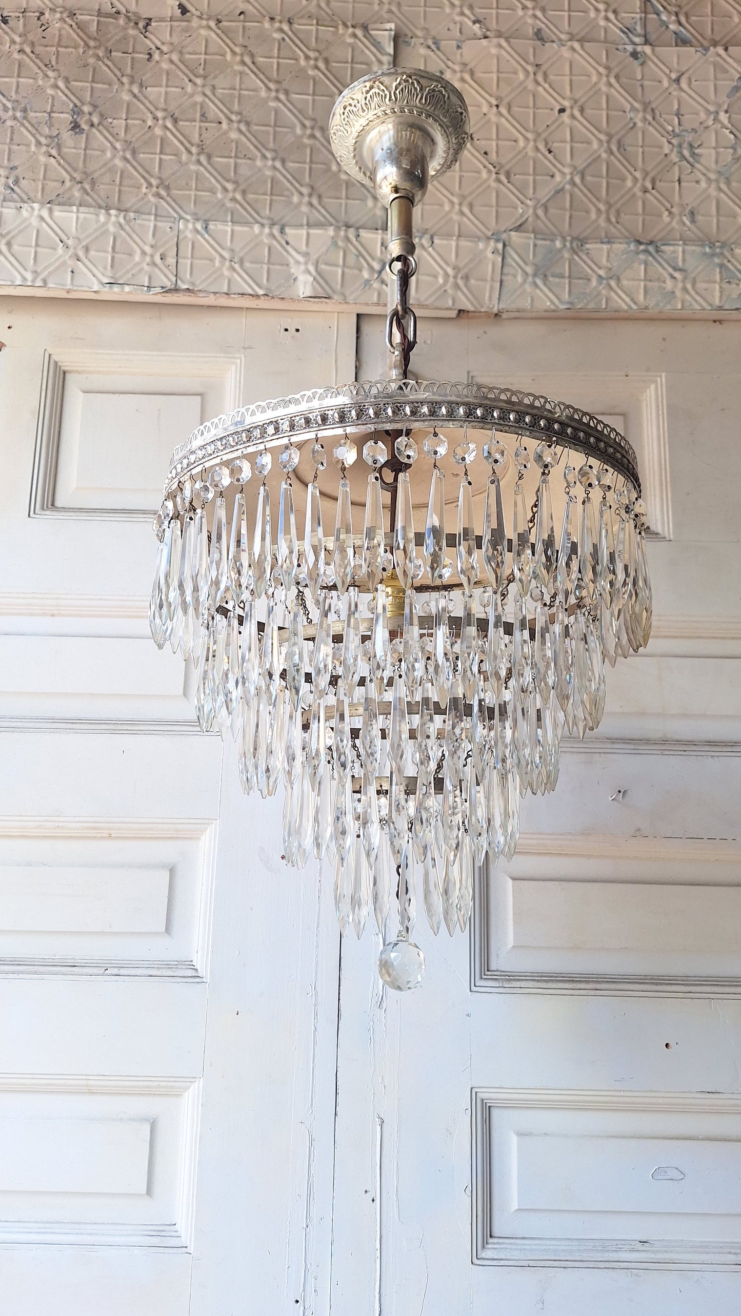 Antique Crystal Wedding Cake or Waterfall Chandelier, Empire Style Cut Glass Tiered Light 072703
