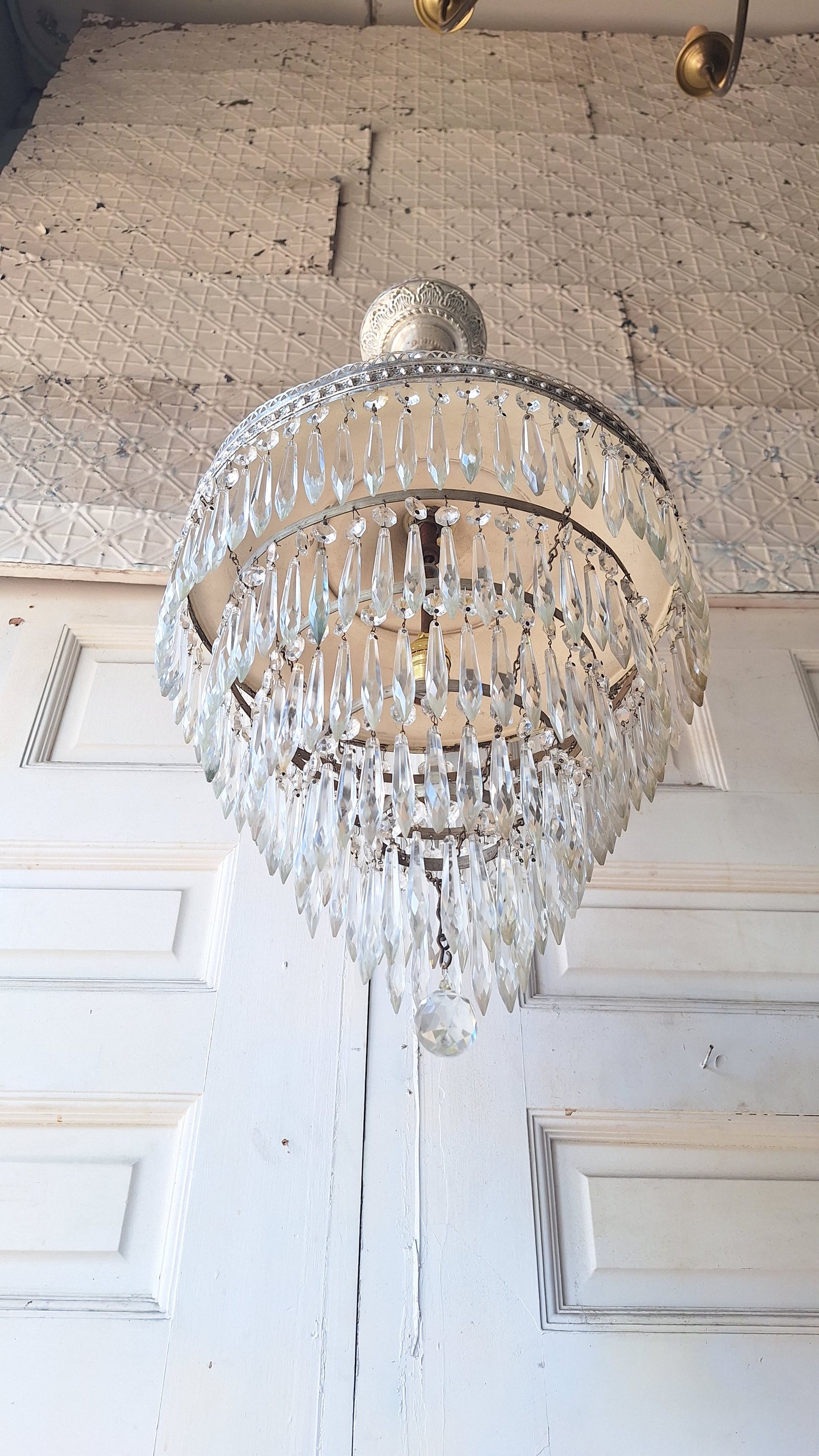 Antique Crystal Wedding Cake or Waterfall Chandelier, Empire Style Cut Glass Tiered Light 072703