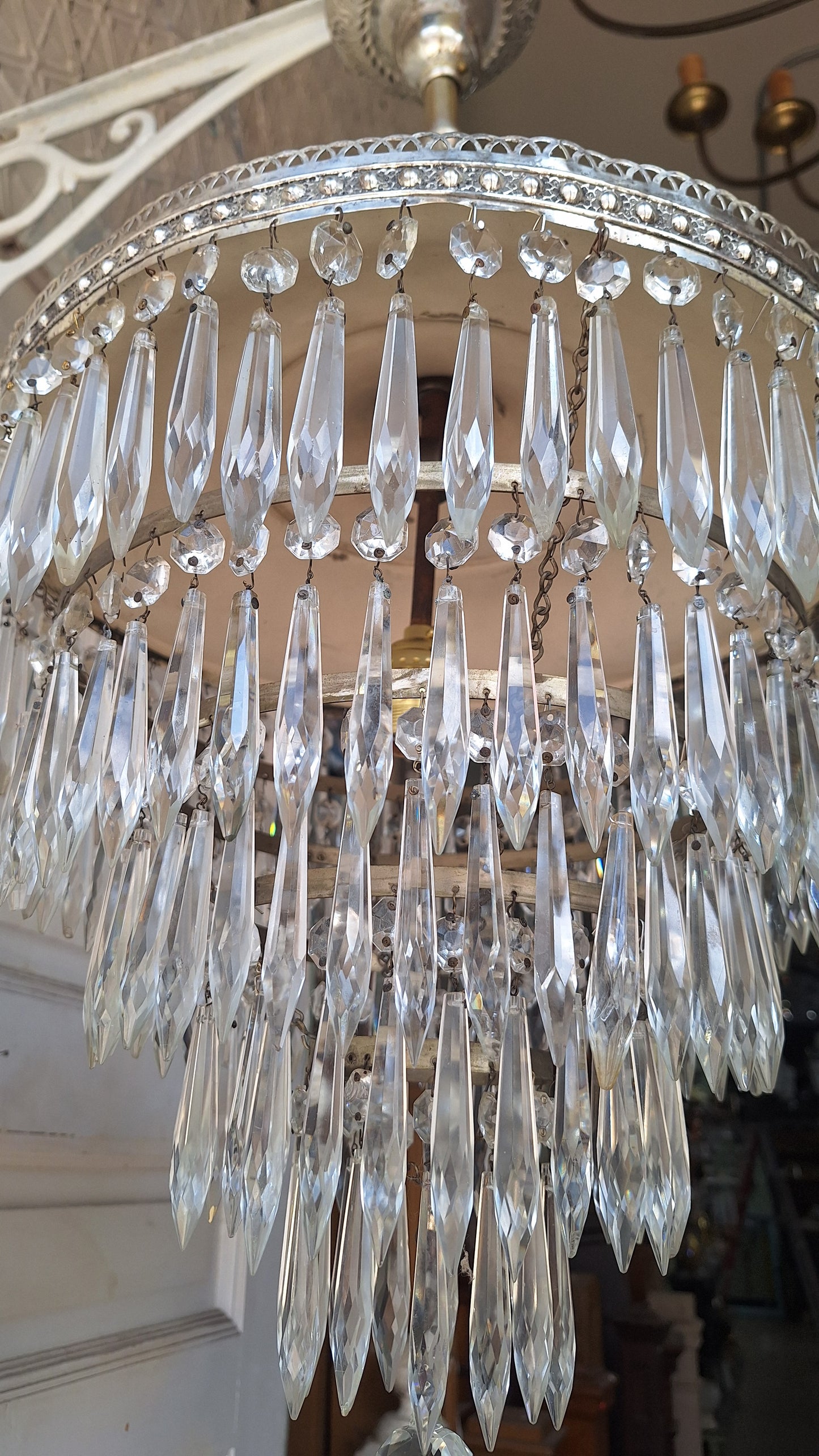 Antique Crystal Wedding Cake or Waterfall Chandelier, Empire Style Cut Glass Tiered Light 072703