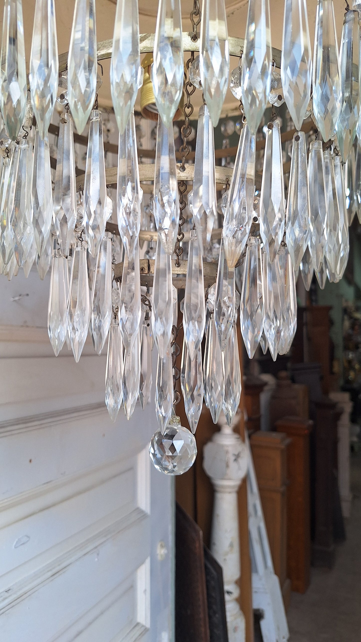 Antique Crystal Wedding Cake or Waterfall Chandelier, Empire Style Cut Glass Tiered Light 072703