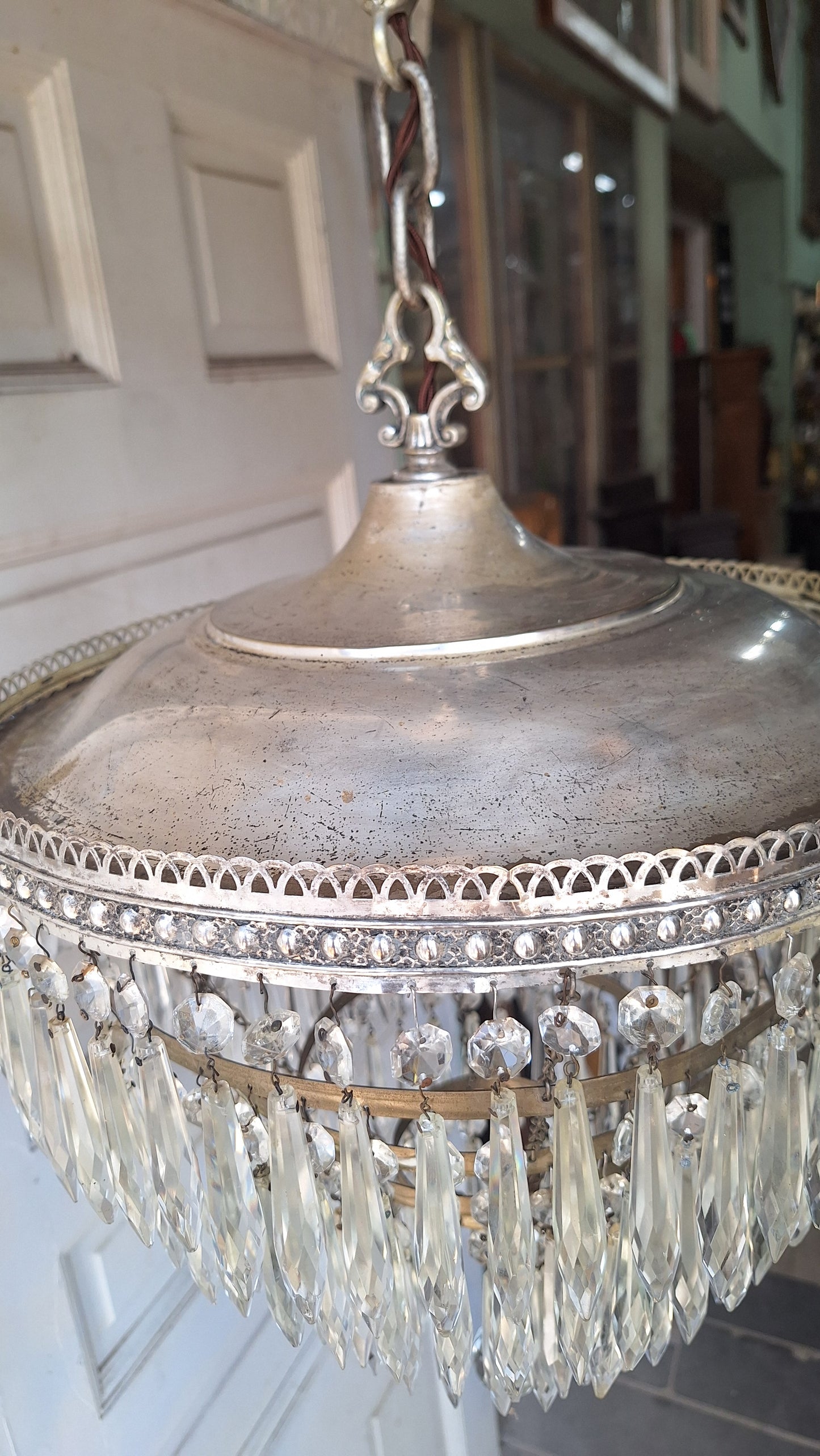 Antique Crystal Wedding Cake or Waterfall Chandelier, Empire Style Cut Glass Tiered Light 072703
