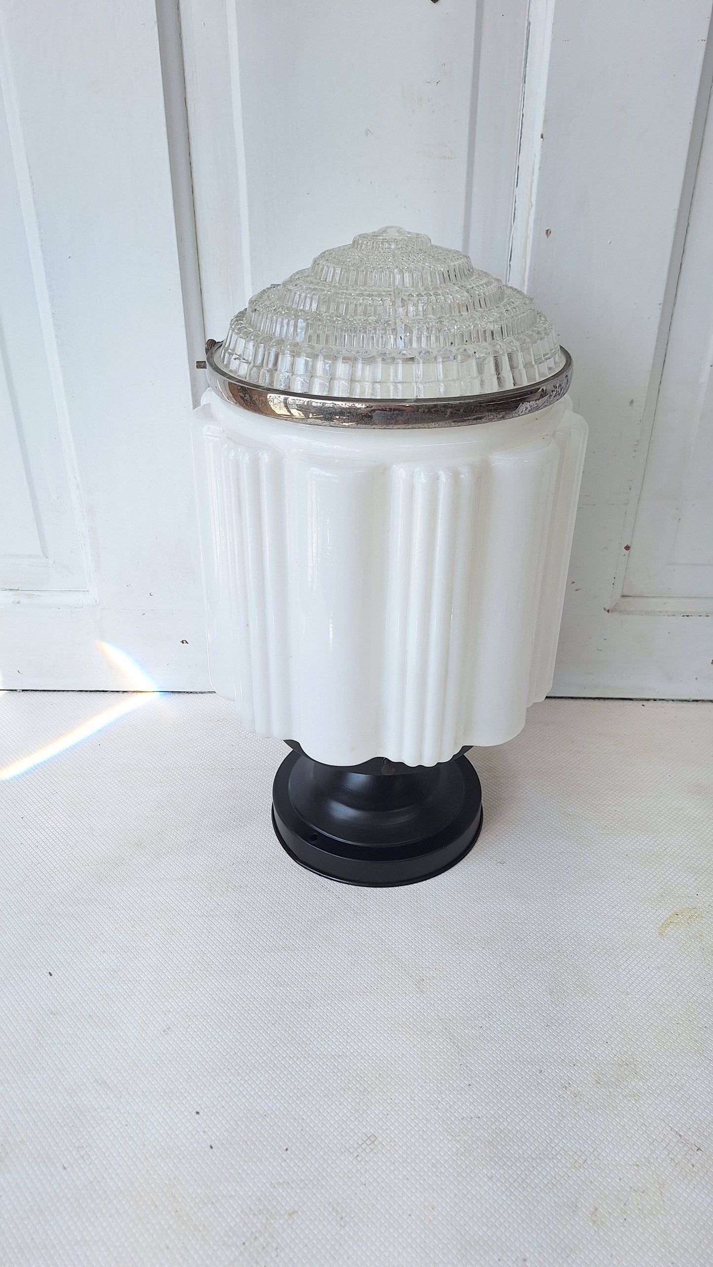 Two Piece Vintage Faceted Clear and White Glass Flush Mount, Schoolhouse or Skyscraper Light, Salvaged Antique Art Deco Light Salvage 072704