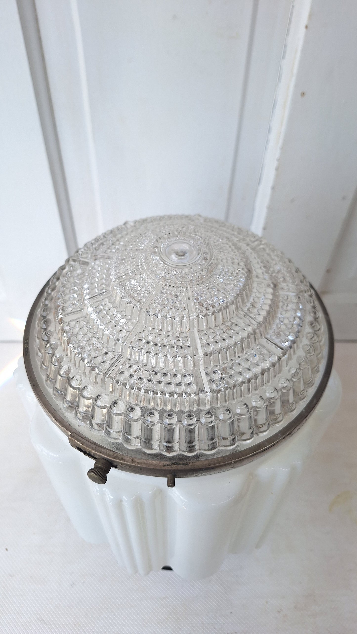 Two Piece Vintage Faceted Clear and White Glass Flush Mount, Schoolhouse or Skyscraper Light, Salvaged Antique Art Deco Light Salvage 072704