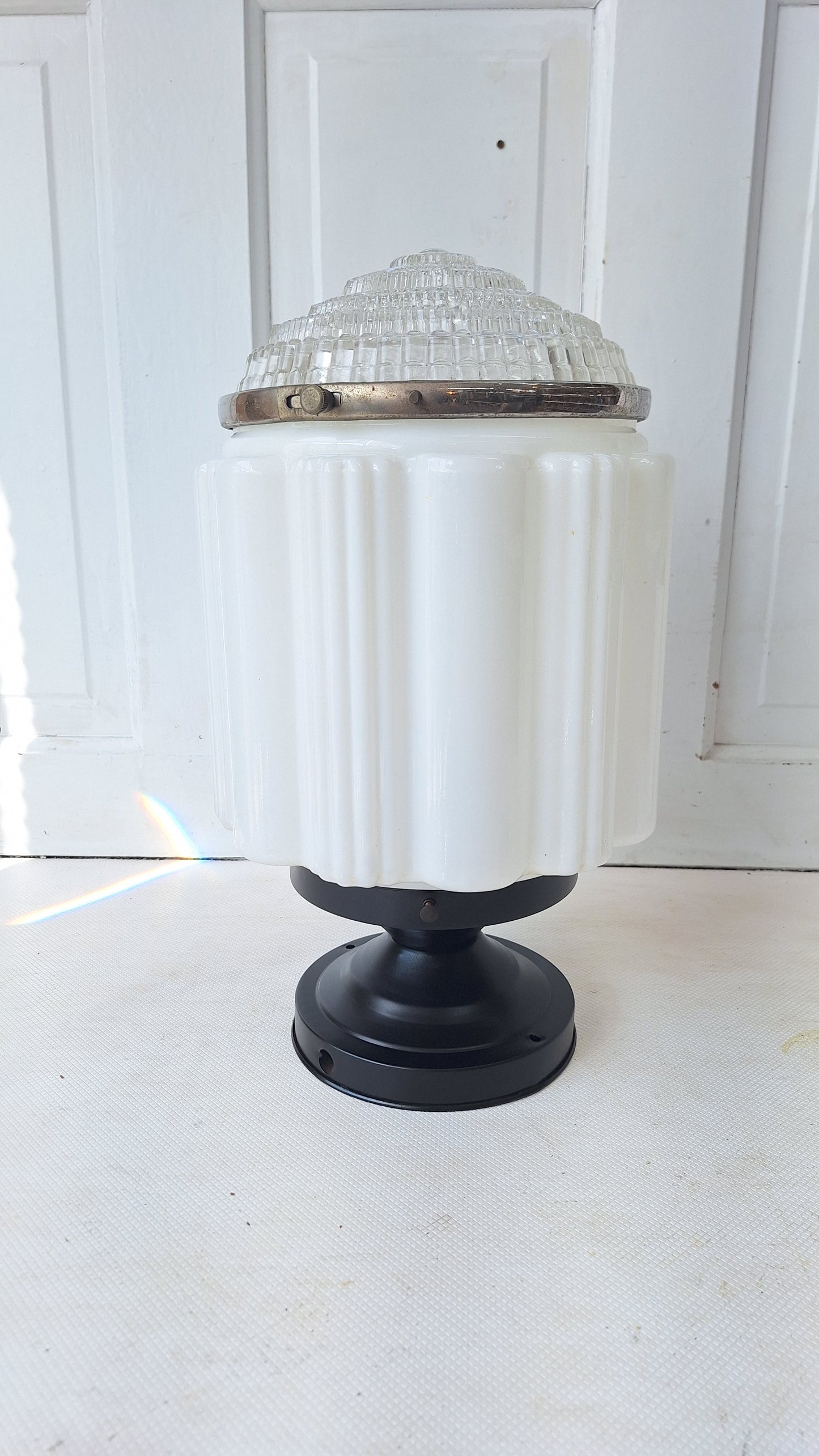 Two Piece Vintage Faceted Clear and White Glass Flush Mount, Schoolhouse or Skyscraper Light, Salvaged Antique Art Deco Light Salvage 072704