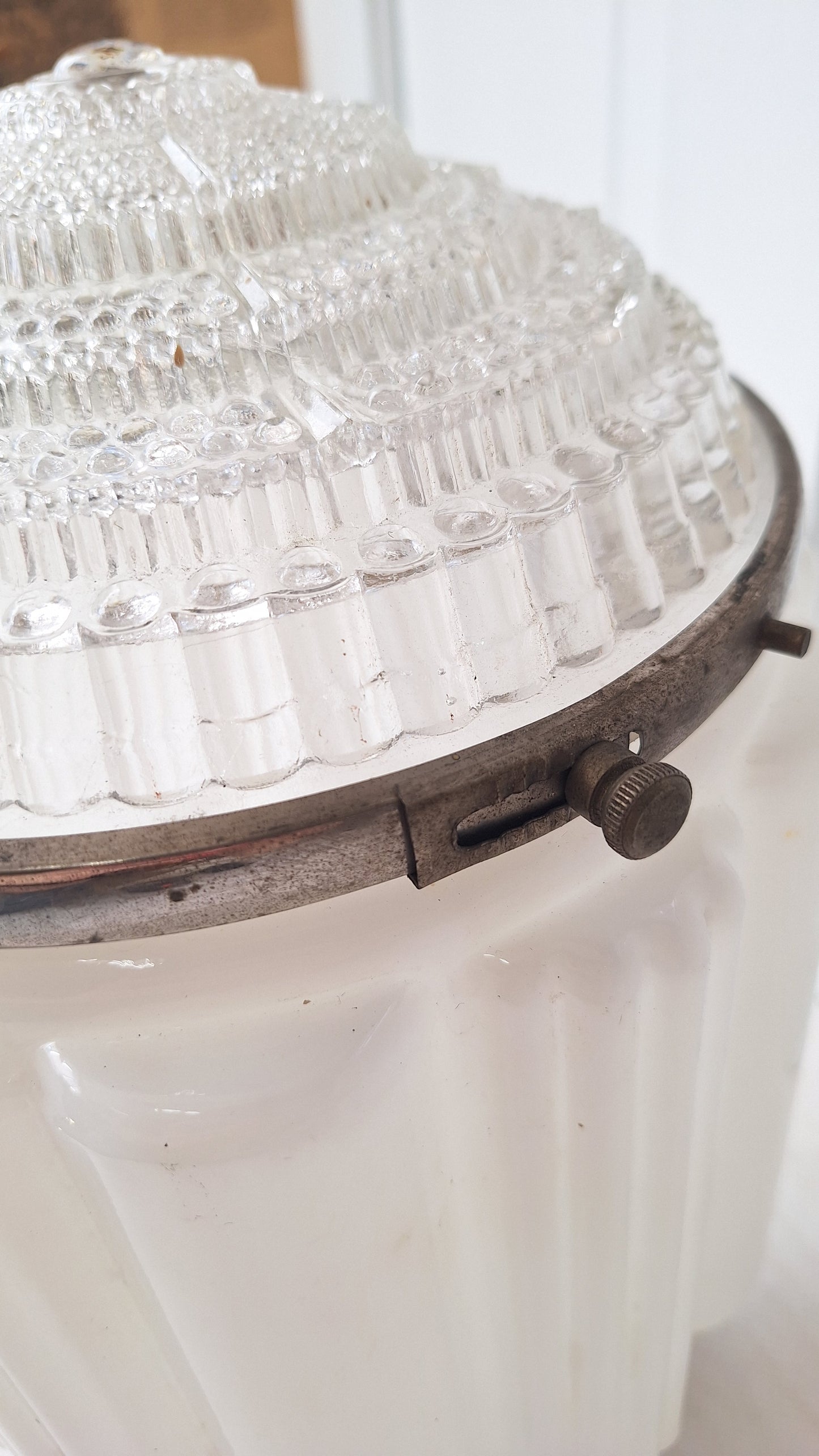 Two Piece Vintage Faceted Clear and White Glass Flush Mount, Schoolhouse or Skyscraper Light, Salvaged Antique Art Deco Light Salvage 072704
