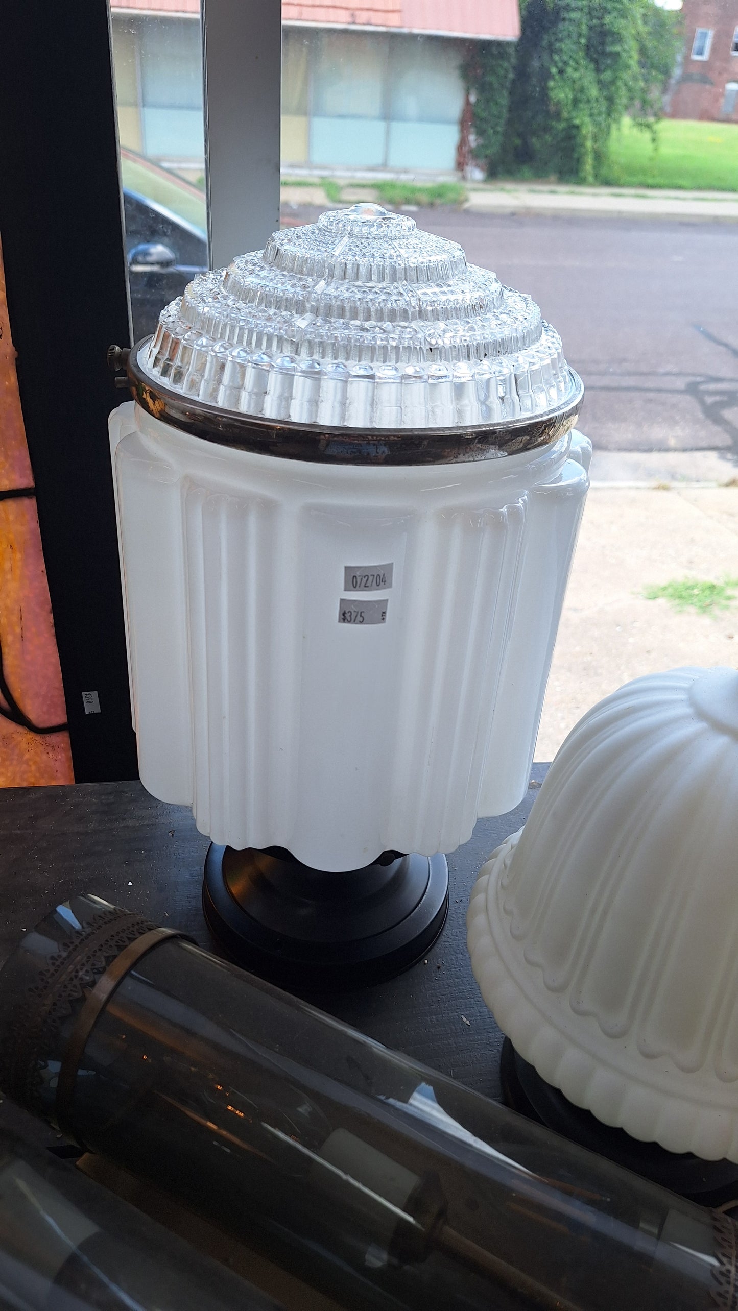 Two Piece Vintage Faceted Clear and White Glass Flush Mount, Schoolhouse or Skyscraper Light, Salvaged Antique Art Deco Light Salvage 072704