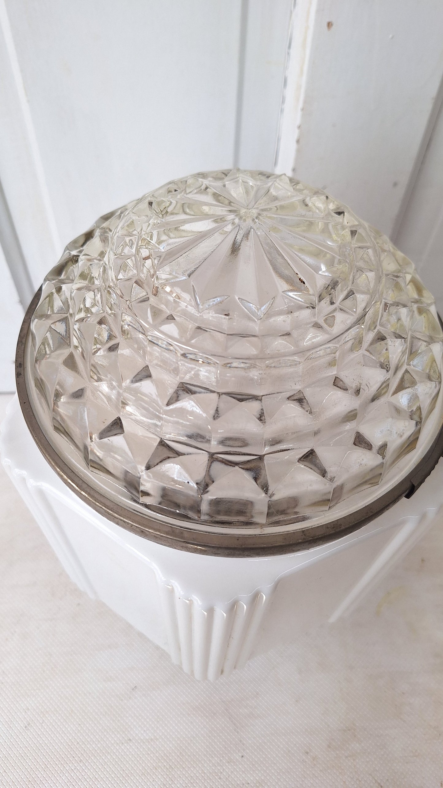 Two Piece Vintage Faceted Clear and White Glass Flush Mount, Schoolhouse or Skyscraper Light, Salvaged Antique Art Deco Light Salvage 072705
