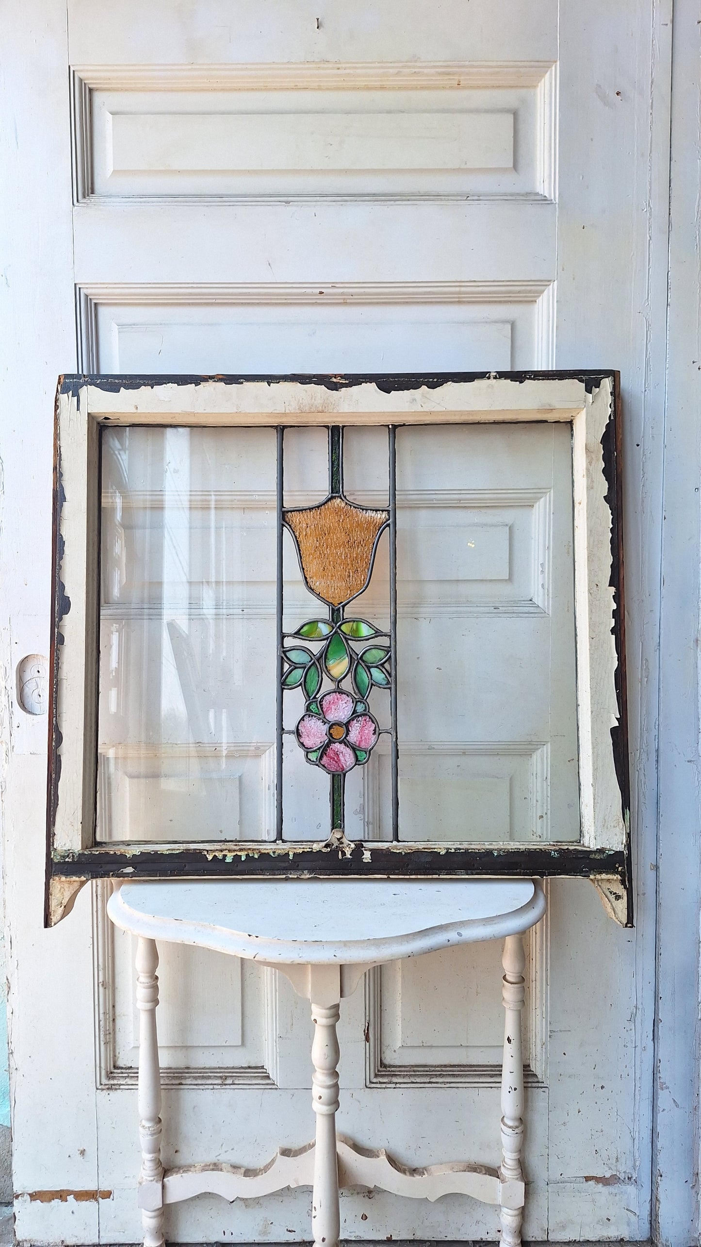 Antique Flower Stained Glass Transom, Stained Glass Window, Beveled Glass, Victorian Window, Yellow and Blue Glass, Leaded Window 072903