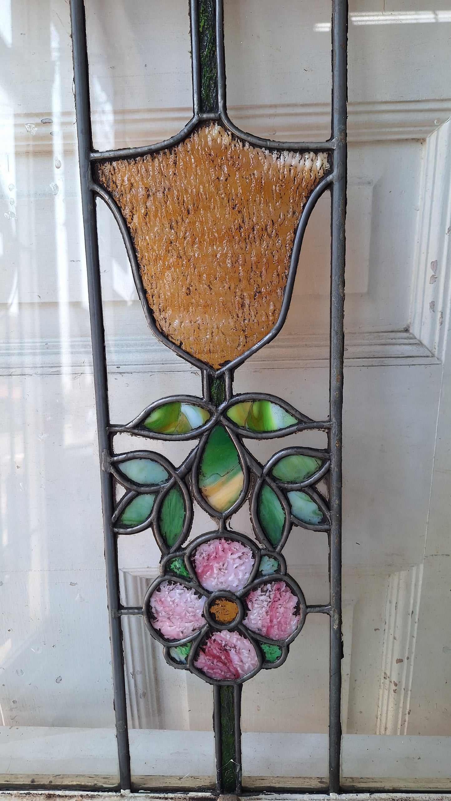 Antique Flower Stained Glass Transom, Stained Glass Window, Beveled Glass, Victorian Window, Yellow and Blue Glass, Leaded Window 072903