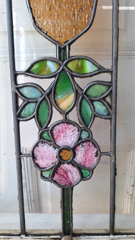 Antique Flower Stained Glass Transom, Stained Glass Window, Beveled Glass, Victorian Window, Yellow and Blue Glass, Leaded Window 072903