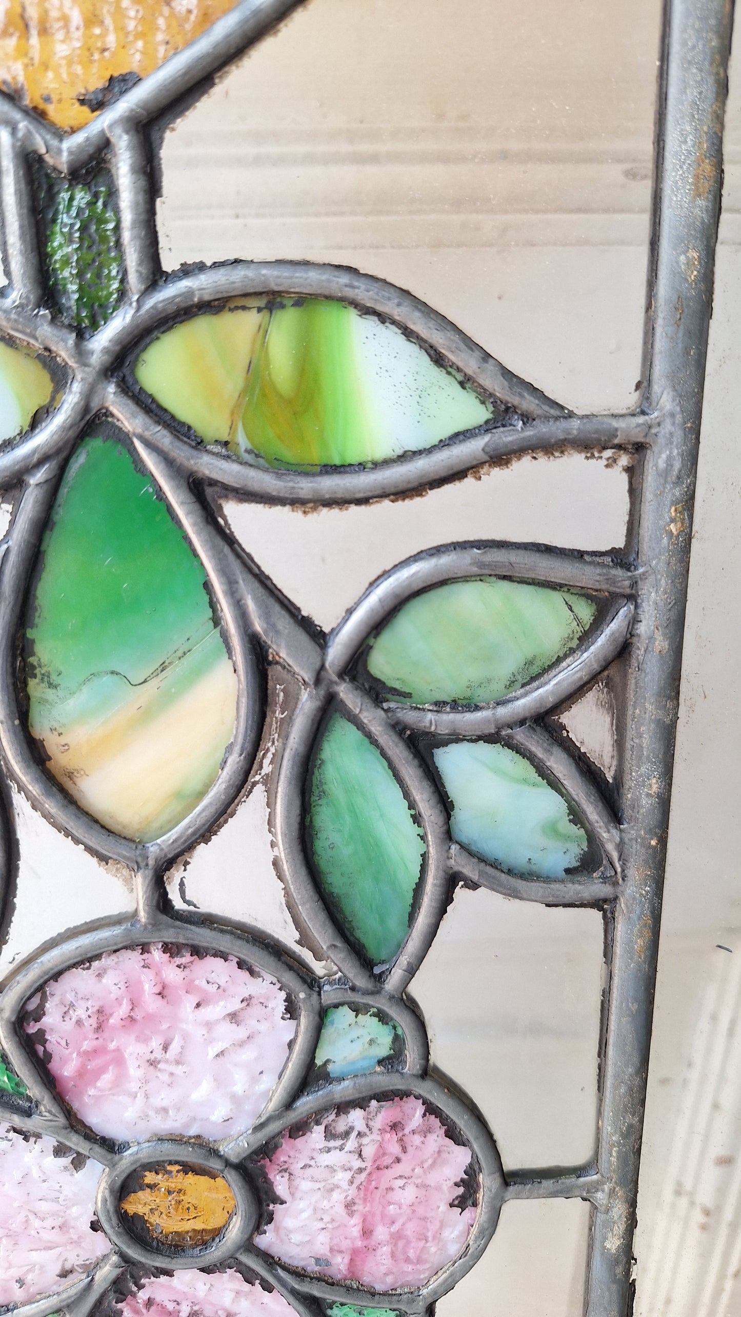 Antique Flower Stained Glass Transom, Stained Glass Window, Beveled Glass, Victorian Window, Yellow and Blue Glass, Leaded Window 072903