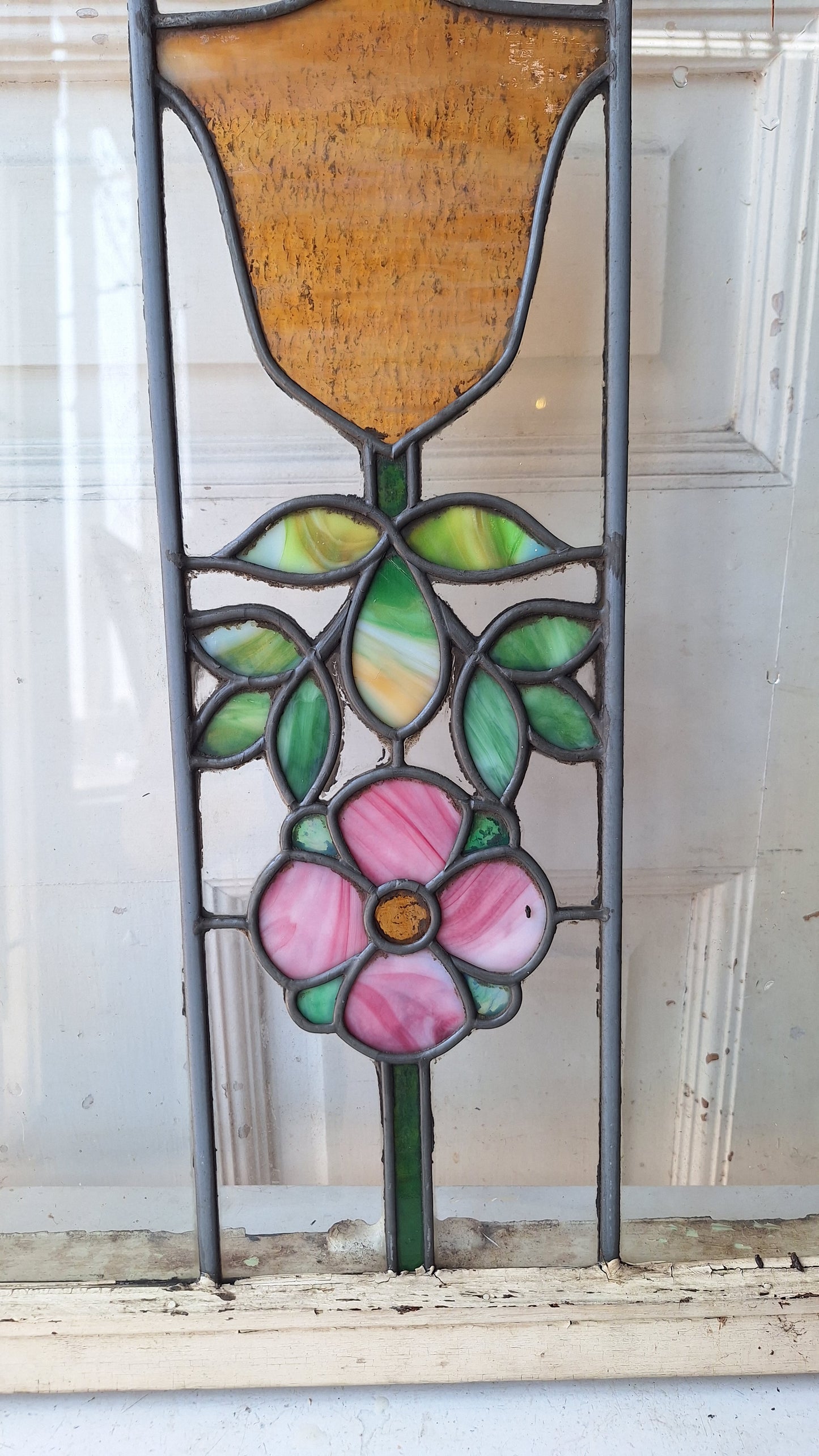 Antique Flower Stained Glass Transom, Stained Glass Window, Beveled Glass, Victorian Window, Yellow and Blue Glass, Leaded Window 072903