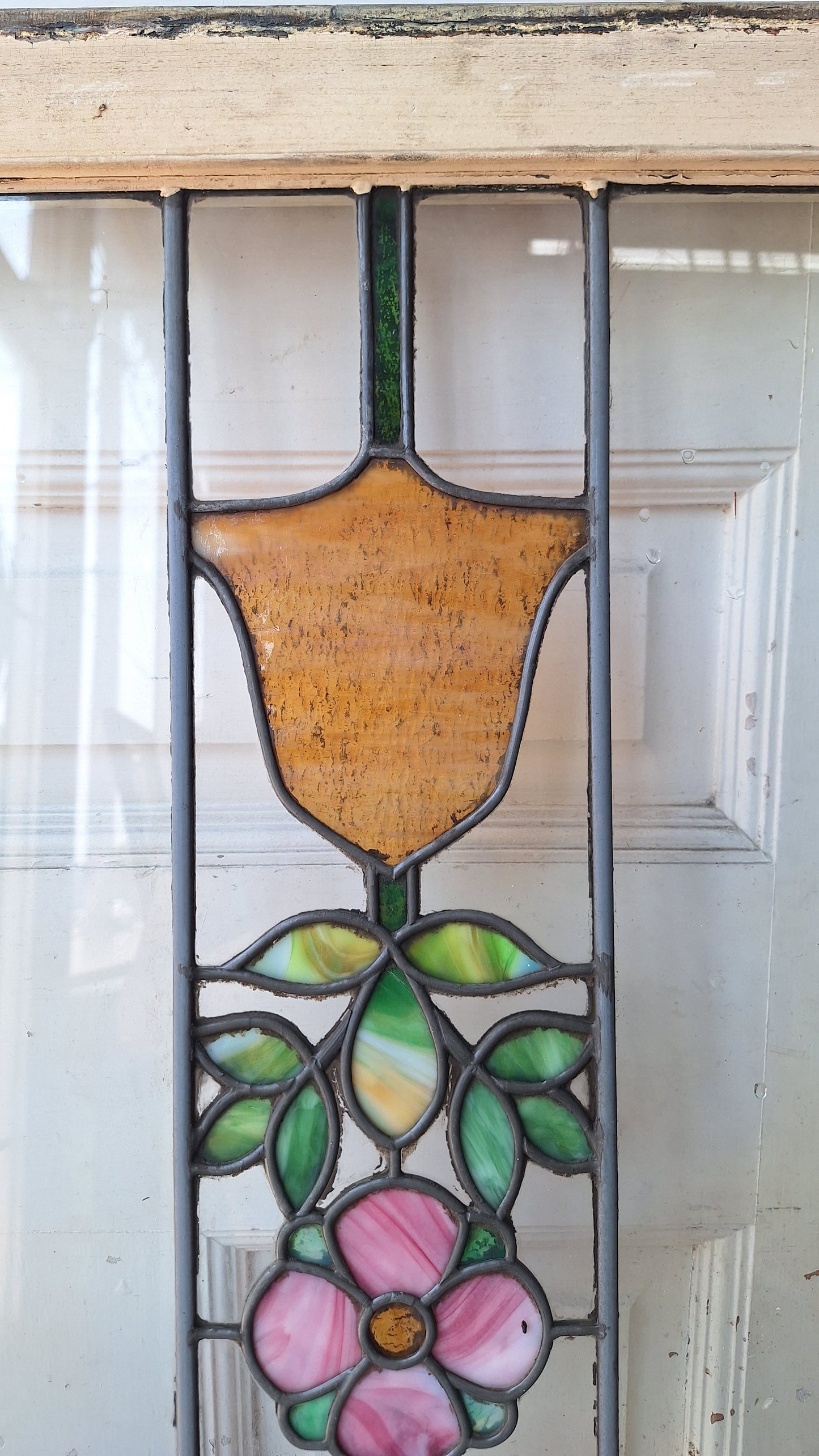 Antique Flower Stained Glass Transom, Stained Glass Window, Beveled Glass, Victorian Window, Yellow and Blue Glass, Leaded Window 072903