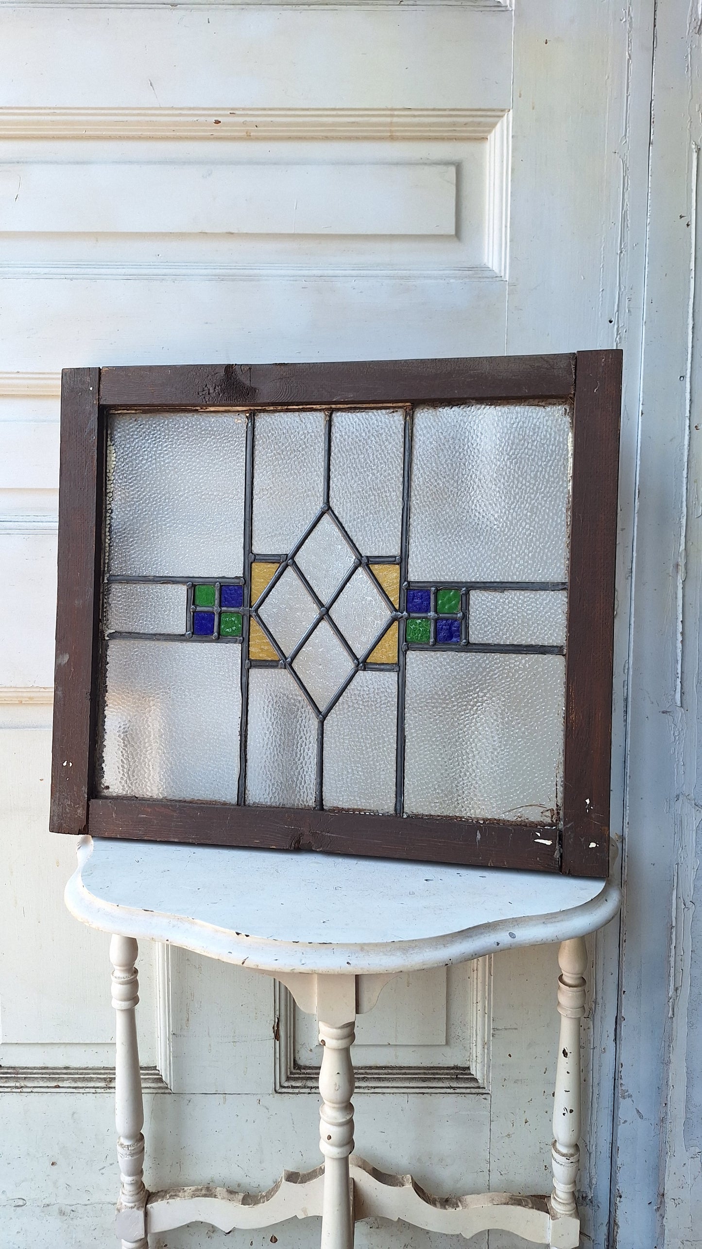 Yellow Blue & Green Antique Stained Glass Window, Vintage Arts Crafts Craftsman Window, Antique Colored Glass Window 072903
