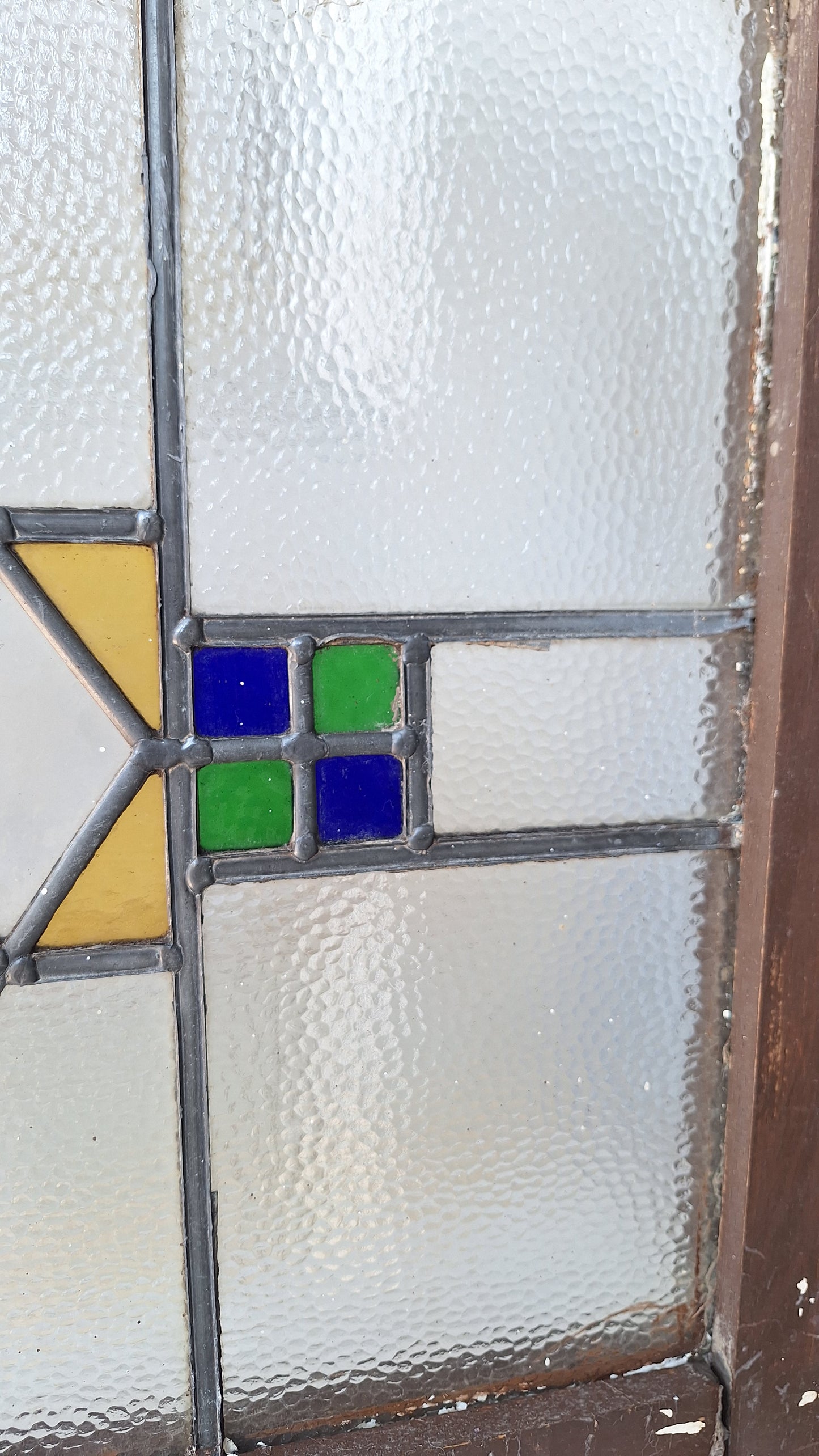 Yellow Blue & Green Antique Stained Glass Window, Vintage Arts Crafts Craftsman Window, Antique Colored Glass Window 072903
