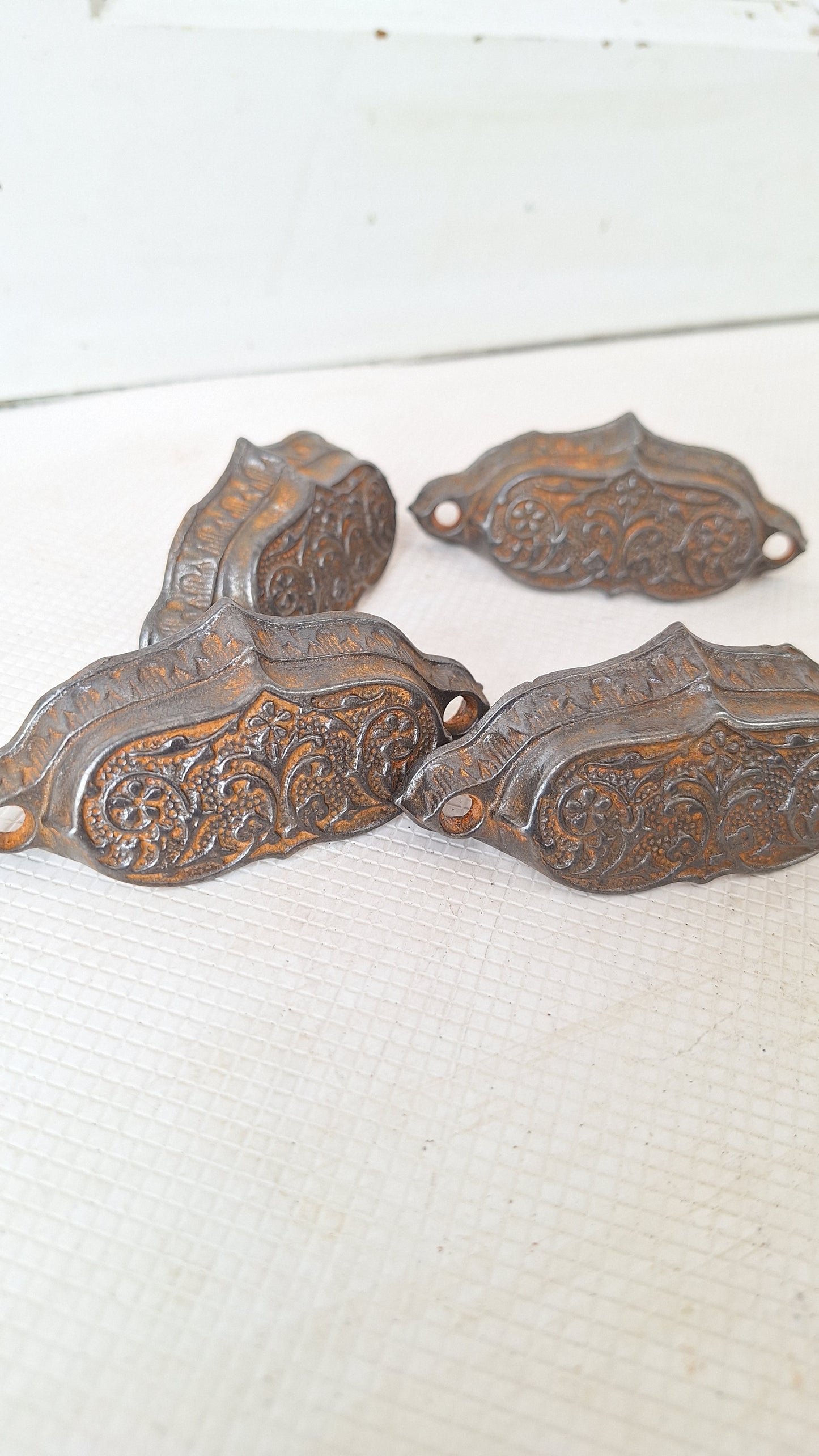 Set of Four Cast Iron Eastlake Handles, Four Antique, Ornate Bin Pulls 072906
