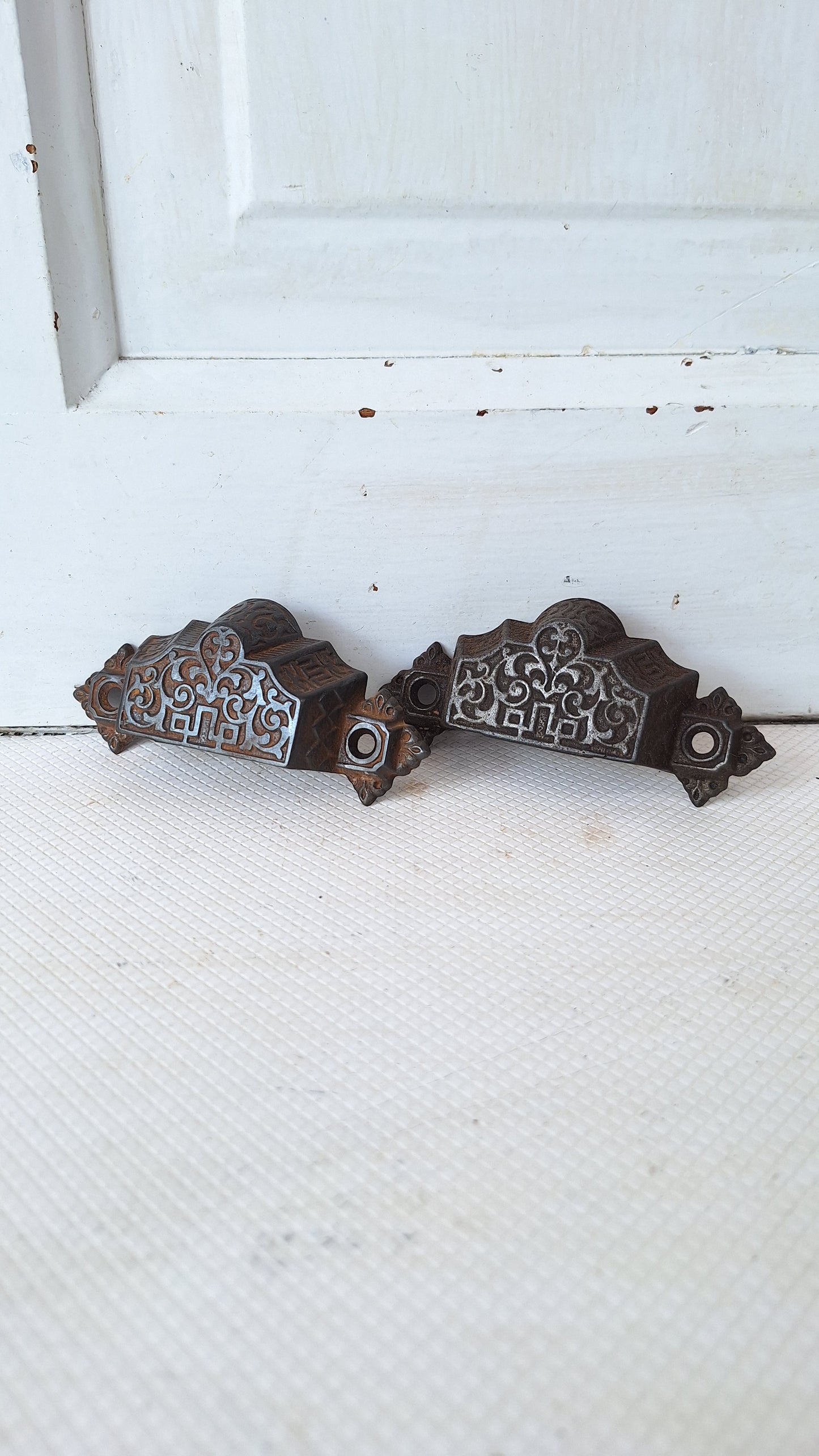 Two Eastlake Bin Pulls, Antique Cast Iron Ornate Bin Pull Antique Drawer Pull Small Vintage Pull Eastlake Handle Small Flower Pull 072907