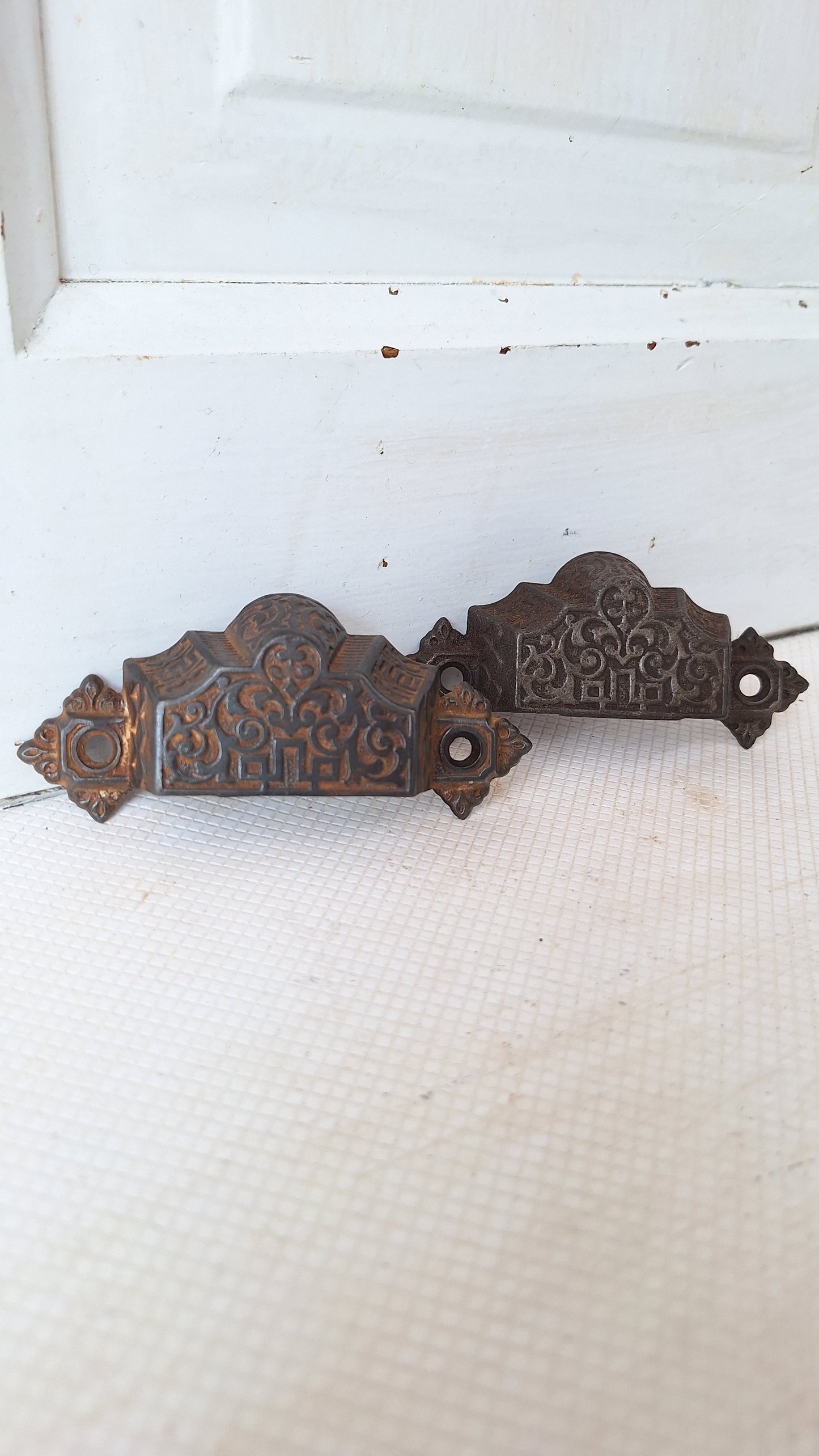 Two Eastlake Bin Pulls, Antique Cast Iron Ornate Bin Pull Antique Drawer Pull Small Vintage Pull Eastlake Handle Small Flower Pull 072907