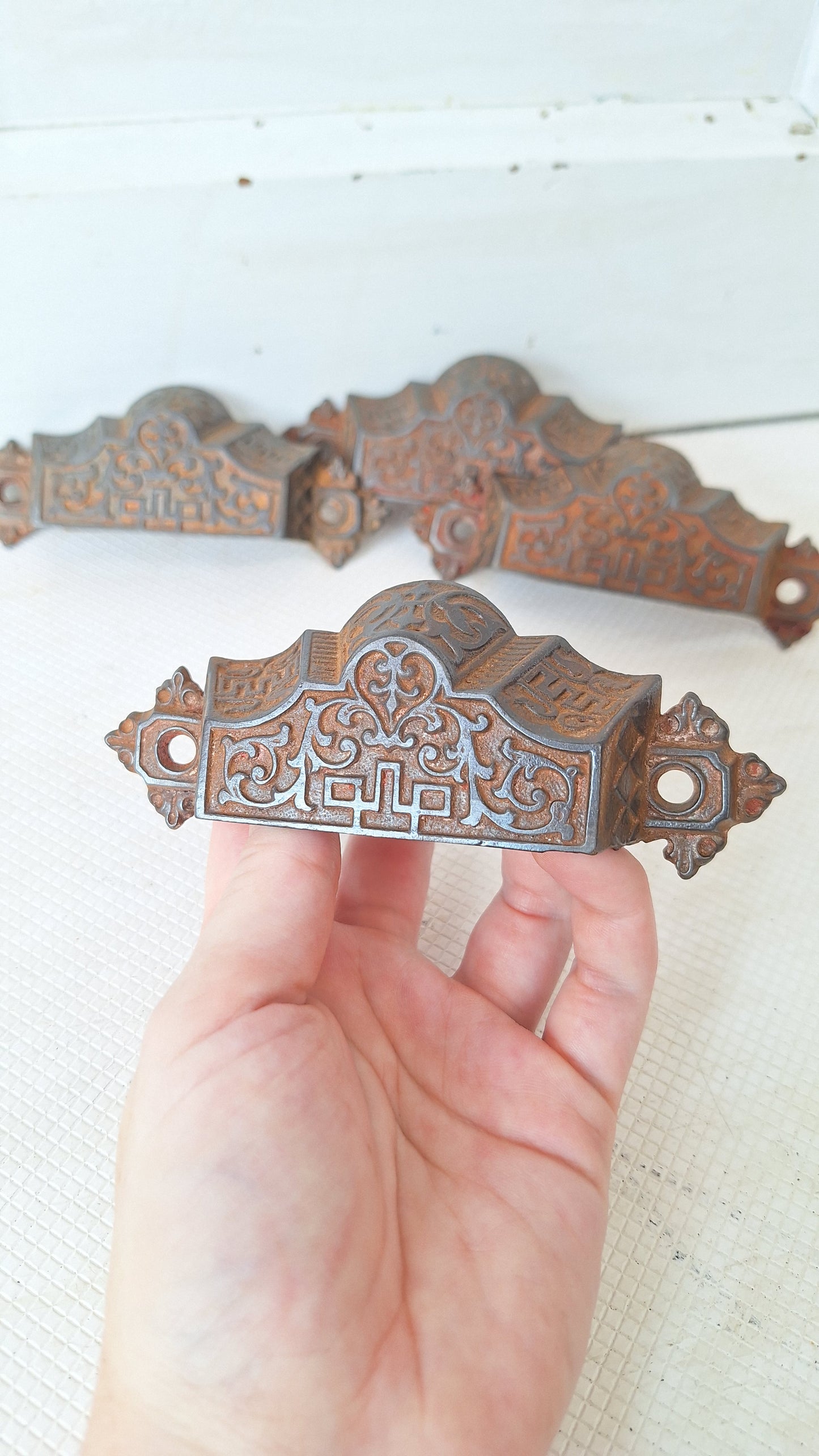 Four Eastlake Bin Pulls, Antique Cast Iron Ornate Bin Pull Antique Drawer Pull Small Vintage Pull Eastlake Handle Small Flower Pull 072908