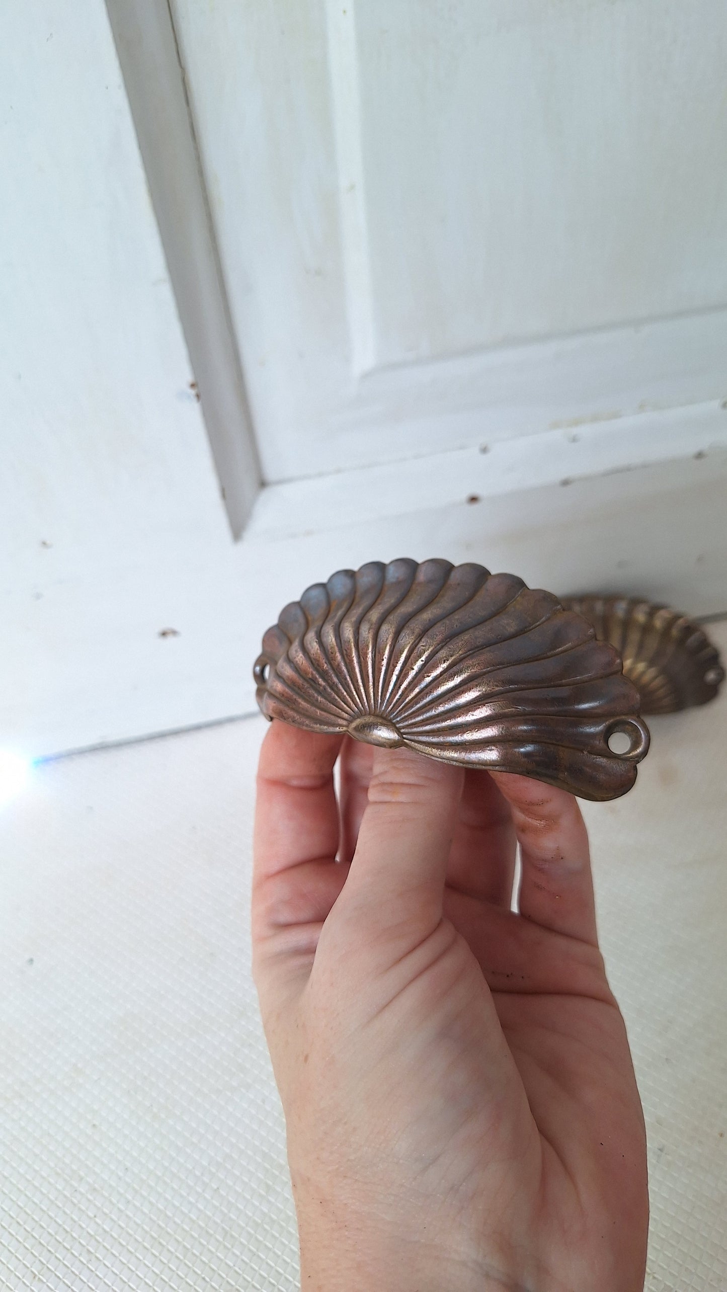 Pair Scallop Shell Stamped Bronze Antique Drawer Pulls, Antique Shell Design Pull, Stamped Brass Handle Antique Victorian Hardware 072909