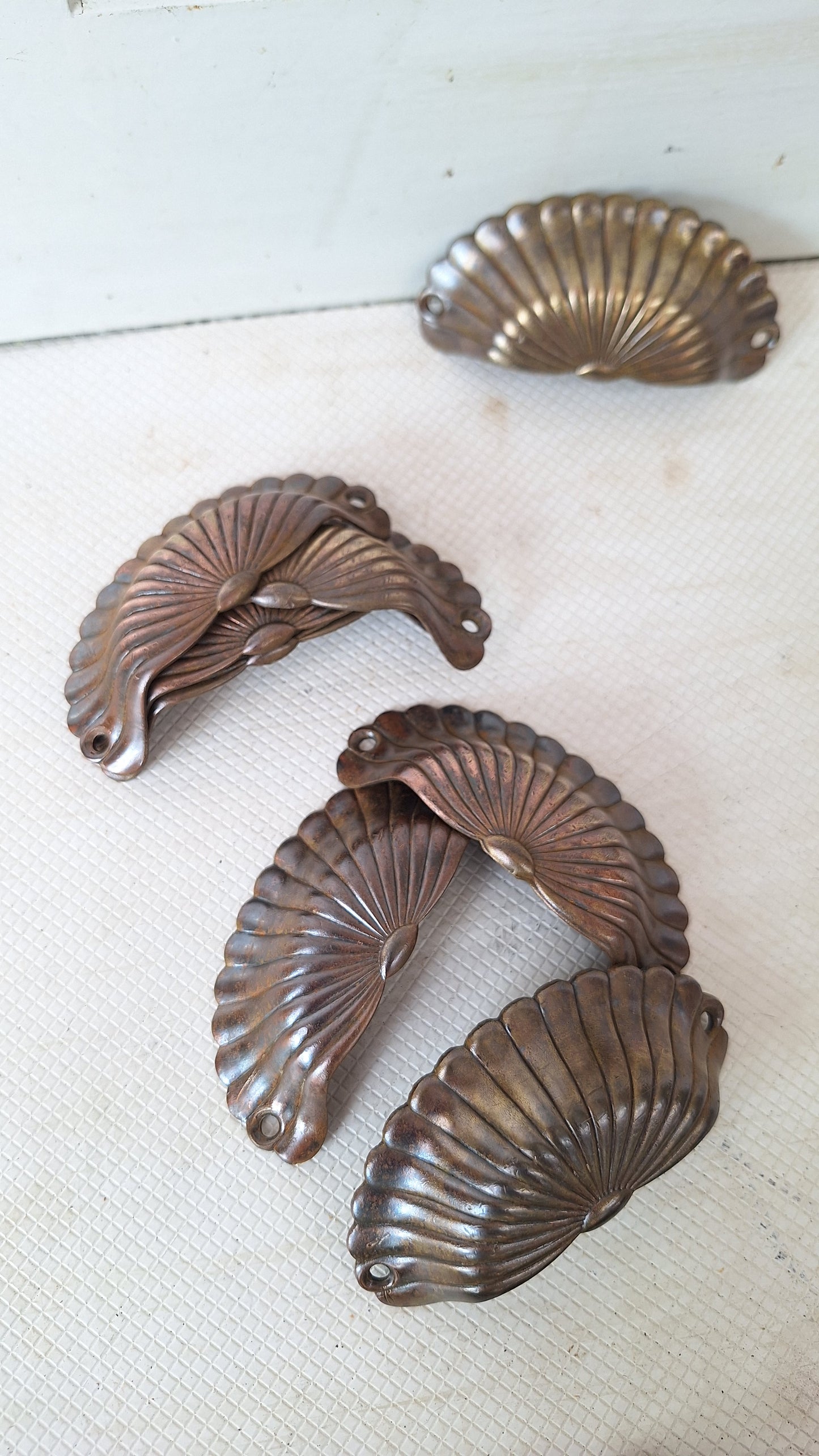 Pair Scallop Shell Stamped Bronze Antique Drawer Pulls, Antique Shell Design Pull, Stamped Brass Handle Antique Victorian Hardware 072909