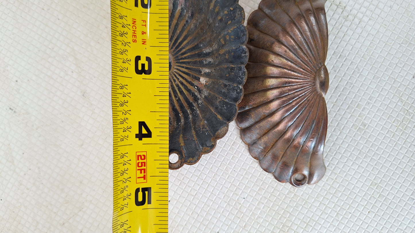 Pair Scallop Shell Stamped Bronze Antique Drawer Pulls, Antique Shell Design Pull, Stamped Brass Handle Antique Victorian Hardware 072909