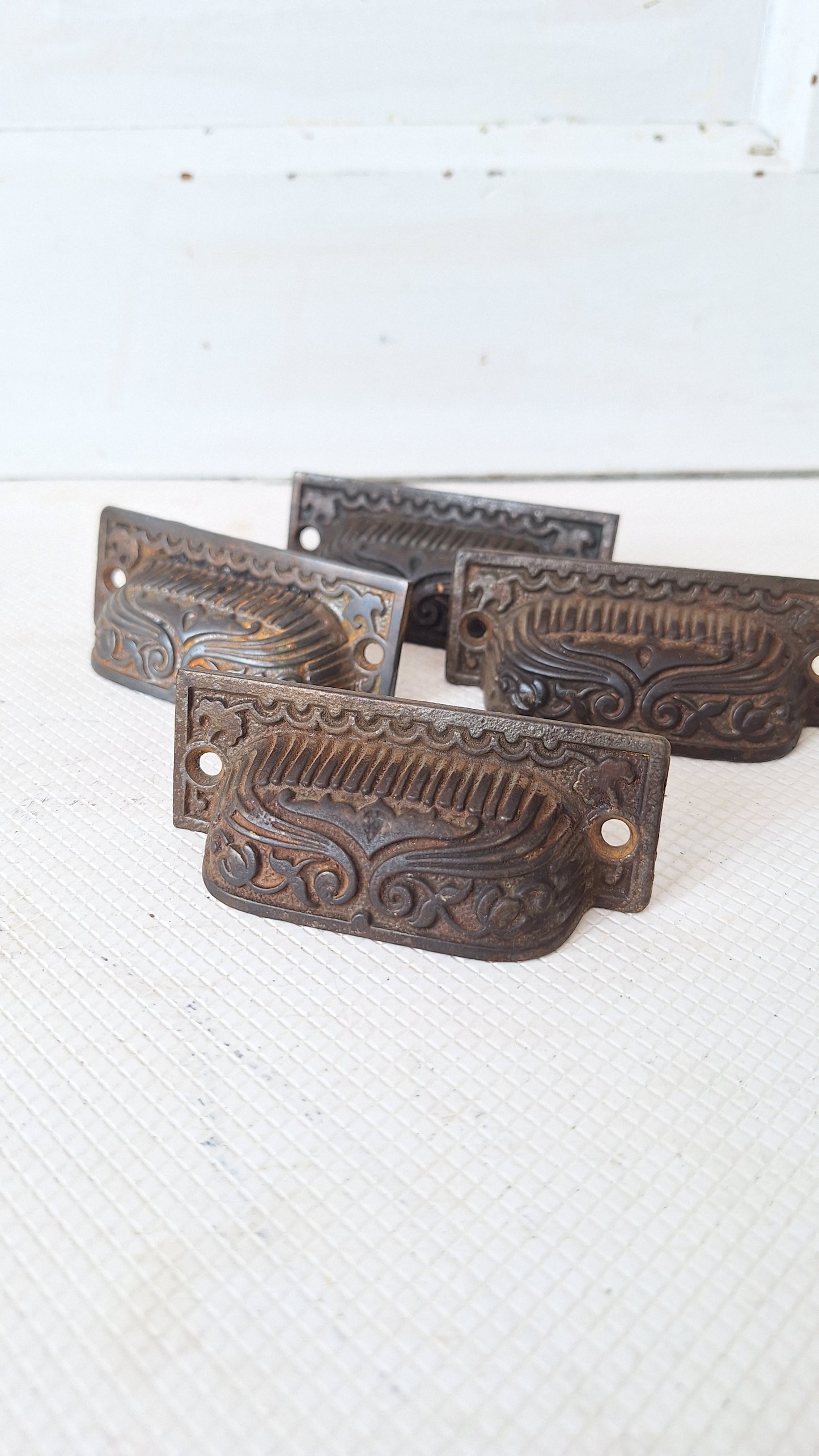 Four Cast Iron Eastlake Handles with Pierced Design, Five Antique Ornate Bin Pulls 072910