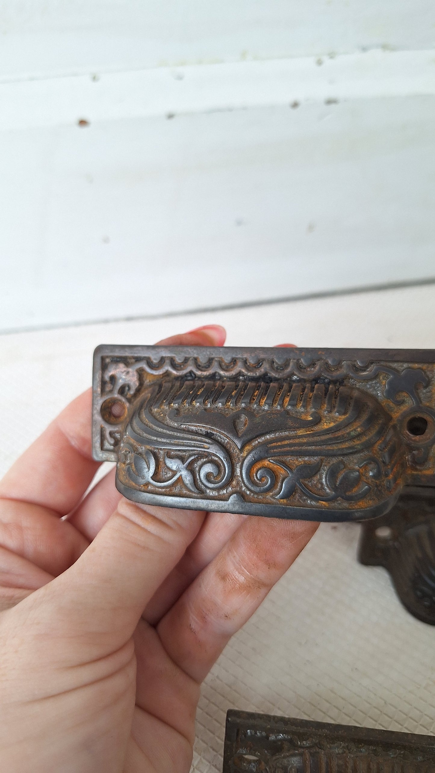 Four Cast Iron Eastlake Handles with Pierced Design, Five Antique Ornate Bin Pulls 072910