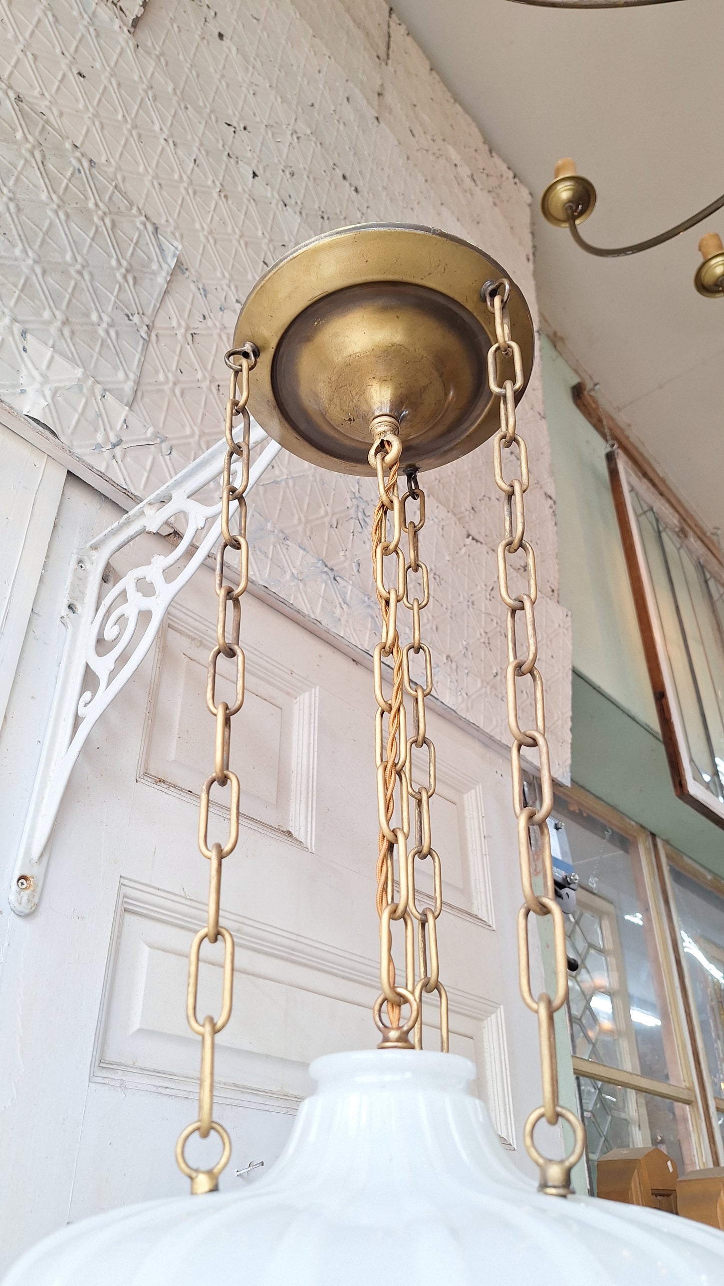 Scalloped Clam Broth Pendant Chain Light, Fluted Glass Shade, Light Vintage Pendant Fluted Shade Light, Antique Bronze Copper Fixture 073103