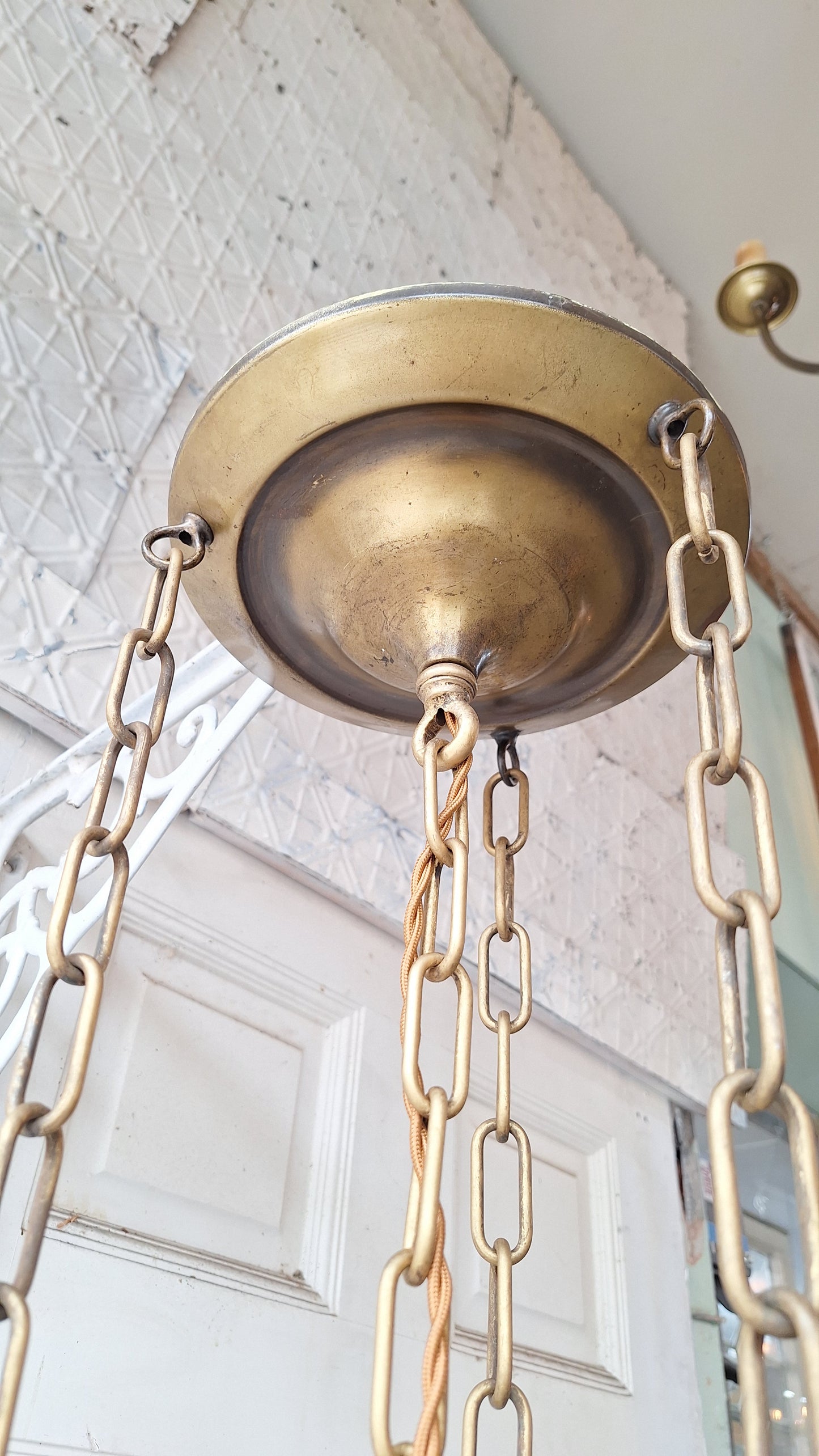 Scalloped Clam Broth Pendant Chain Light, Fluted Glass Shade, Light Vintage Pendant Fluted Shade Light, Antique Bronze Copper Fixture 073103