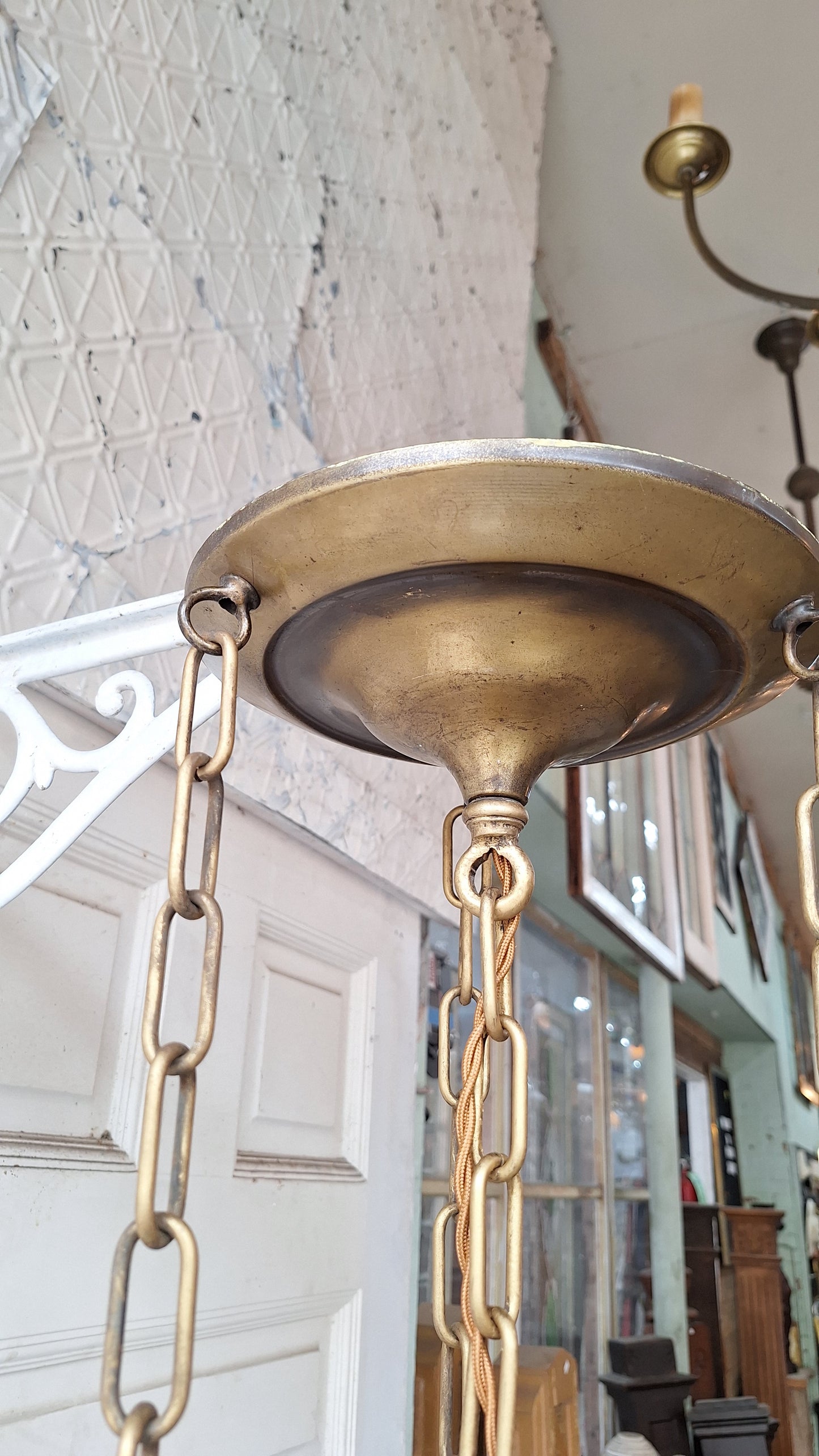 Scalloped Clam Broth Pendant Chain Light, Fluted Glass Shade, Light Vintage Pendant Fluted Shade Light, Antique Bronze Copper Fixture 073103