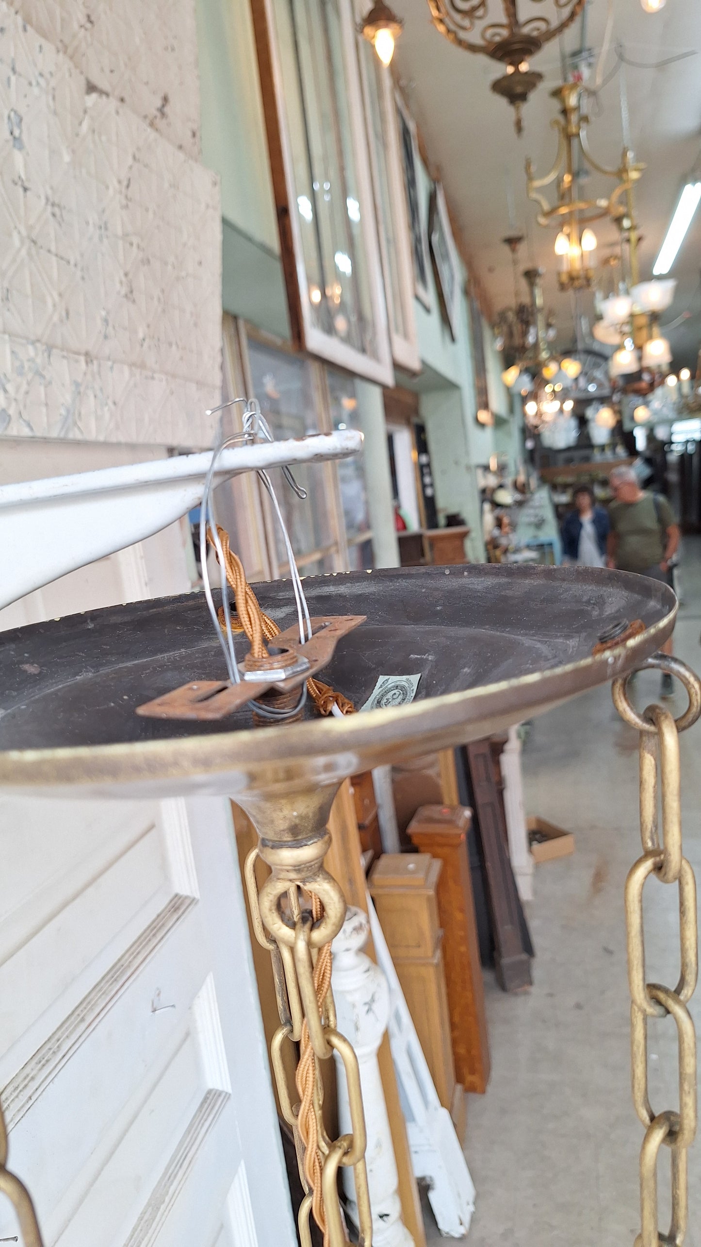 Scalloped Clam Broth Pendant Chain Light, Fluted Glass Shade, Light Vintage Pendant Fluted Shade Light, Antique Bronze Copper Fixture 073103