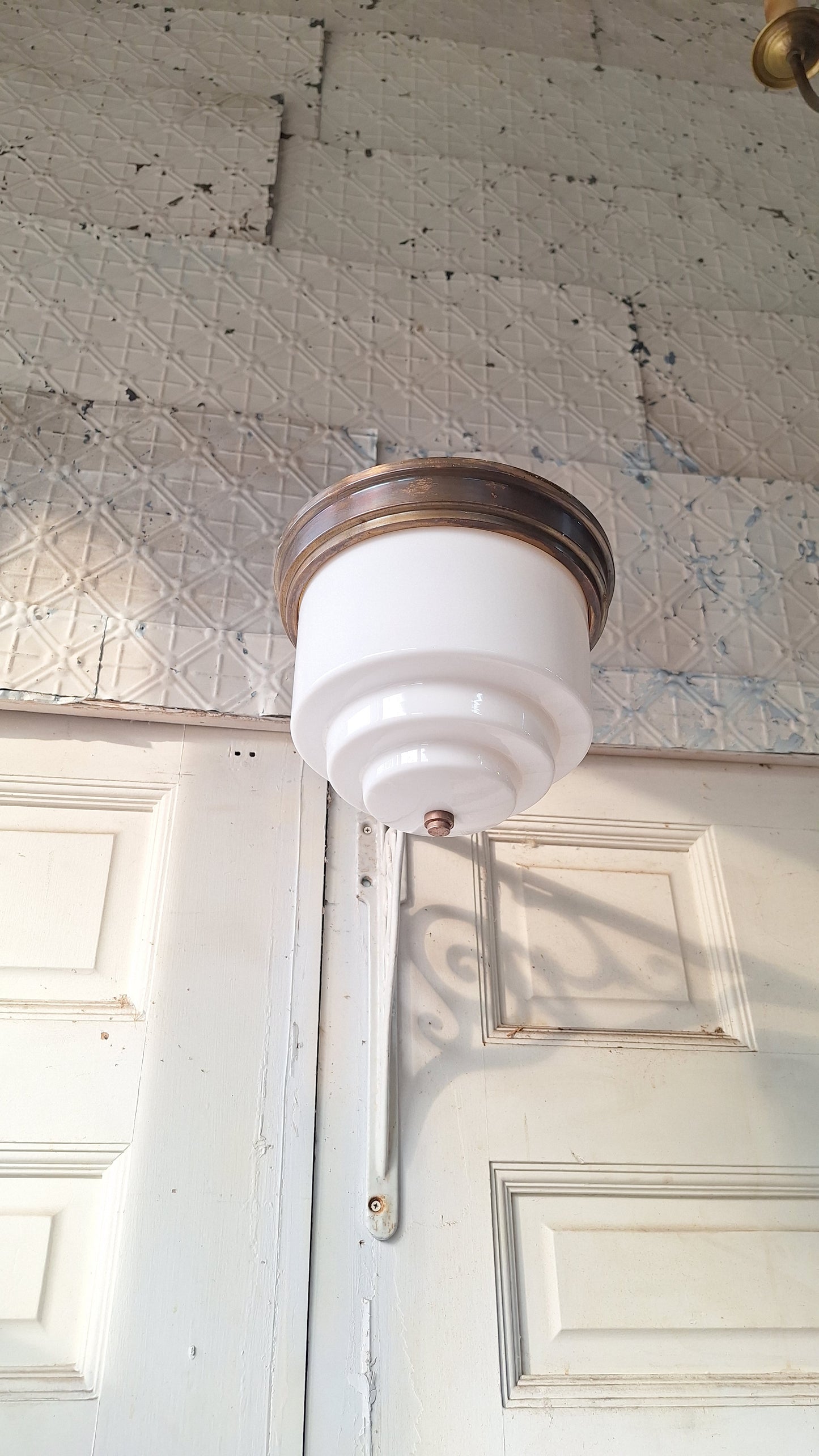 Art Deco Flush Mount White Glass with Brass Base, Empire Shade Wedding Cake Light, Antique Milk Glass Light Architecture Salvage 080301