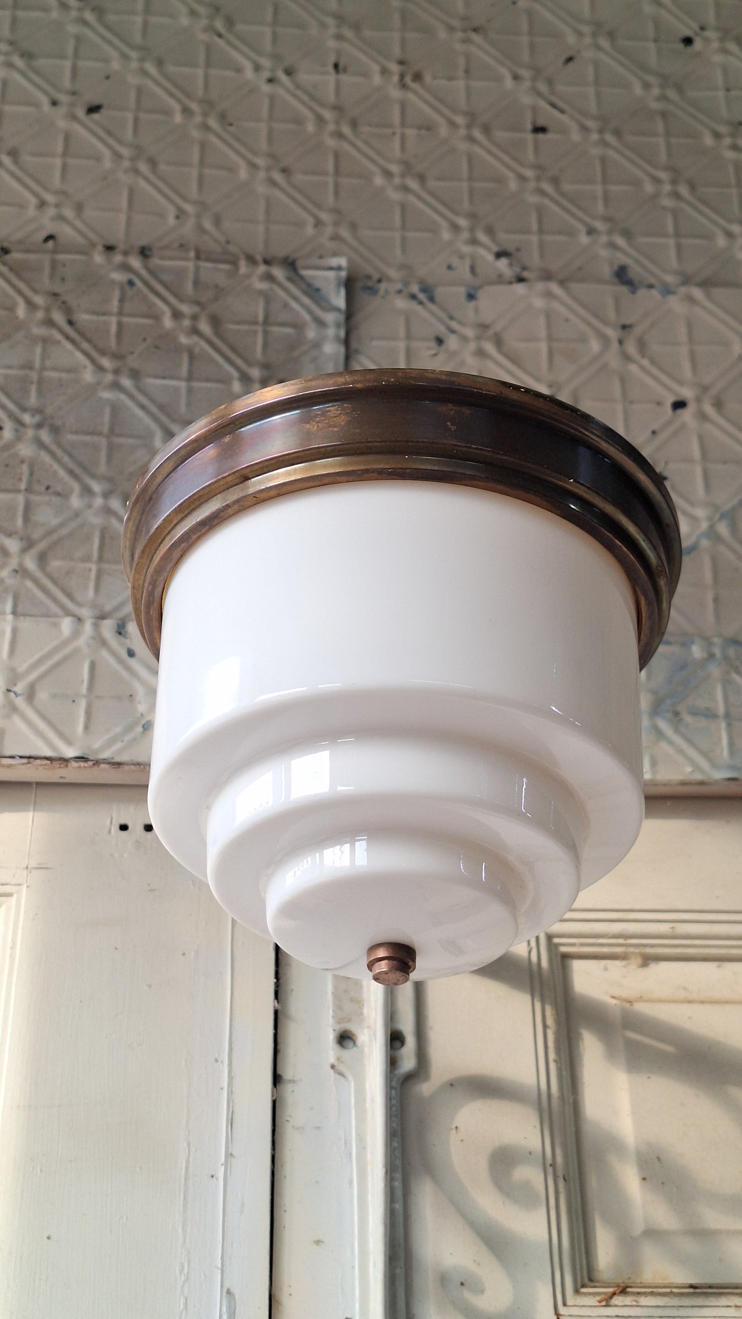 Art Deco Flush Mount White Glass with Brass Base, Empire Shade Wedding Cake Light, Antique Milk Glass Light Architecture Salvage 080301