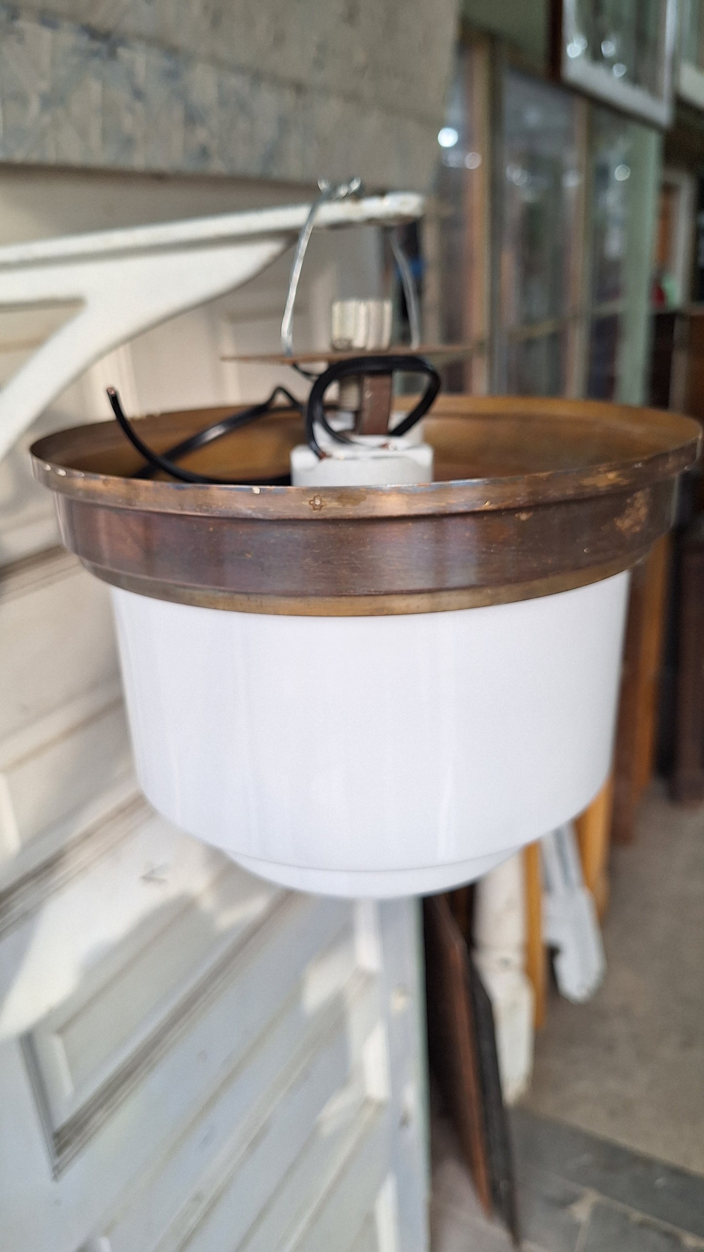 Art Deco Flush Mount White Glass with Brass Base, Empire Shade Wedding Cake Light, Antique Milk Glass Light Architecture Salvage 080301