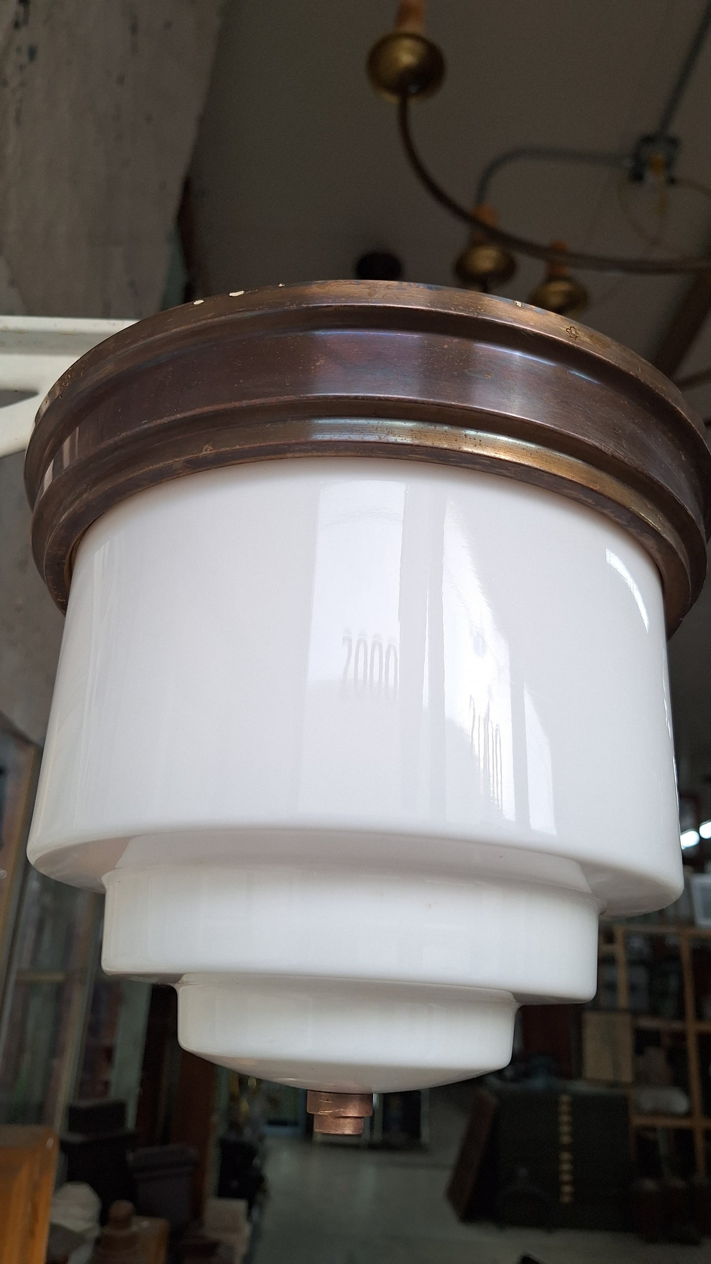 Art Deco Flush Mount White Glass with Brass Base, Empire Shade Wedding Cake Light, Antique Milk Glass Light Architecture Salvage 080301