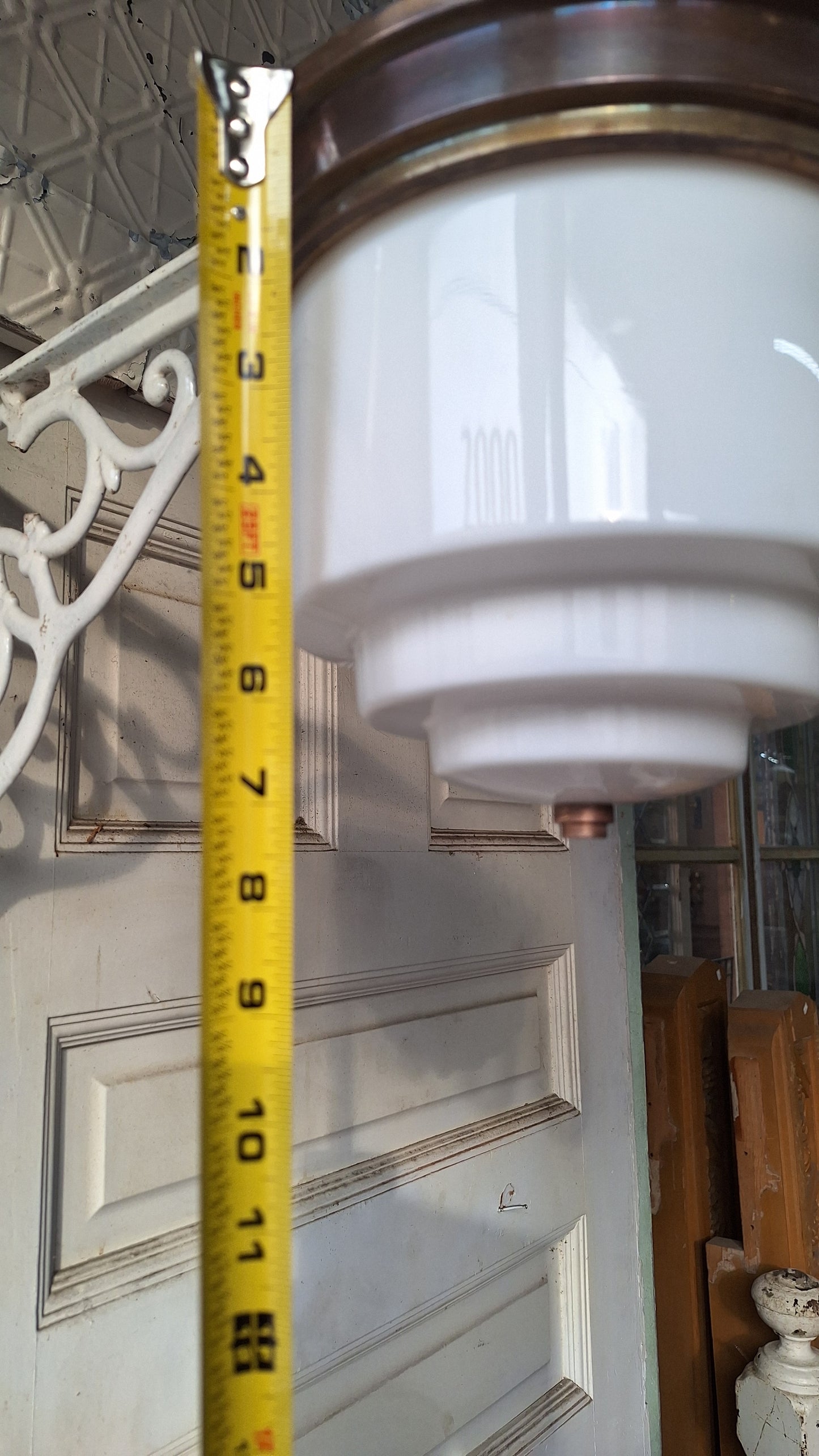 Art Deco Flush Mount White Glass with Brass Base, Empire Shade Wedding Cake Light, Antique Milk Glass Light Architecture Salvage 080301