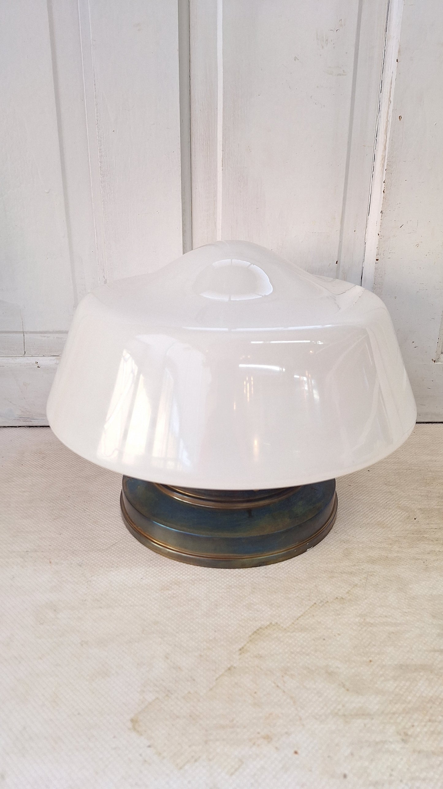 Large Vintage Brass & Milk Glass School House Light, Vintage White Glass Schoolhouse Flush Mount Ceiling Light, Architecture Salvage 080501
