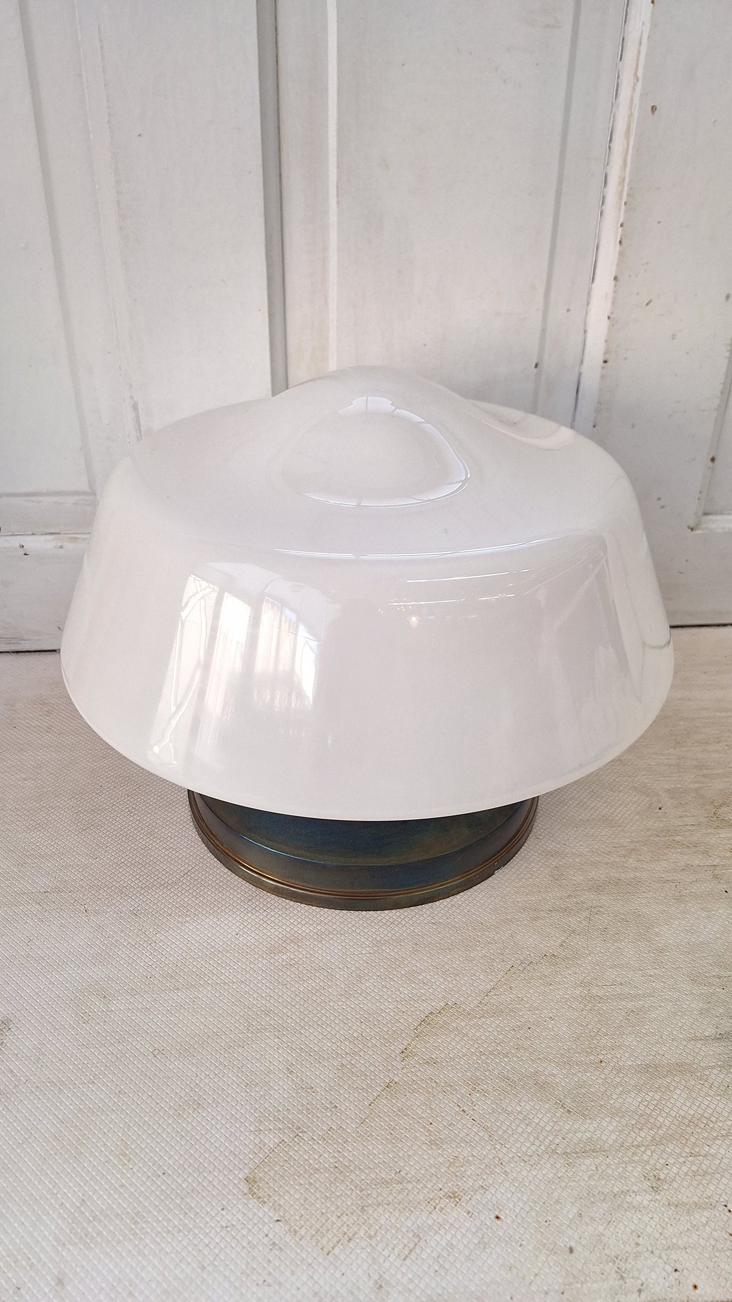Large Vintage Brass & Milk Glass School House Light, Vintage White Glass Schoolhouse Flush Mount Ceiling Light, Architecture Salvage 080501