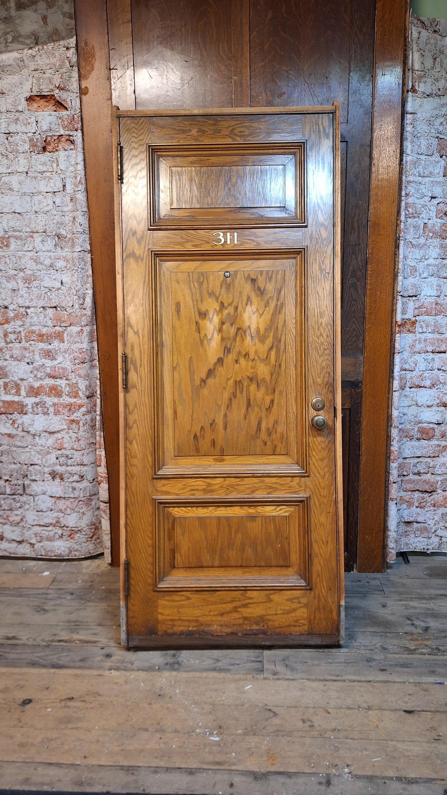 34" Oak Raised Panel Antique Door in Jamb, Interior Antique Passage Door in Frame, Salvaged Wood Door Architecture Salvage 080707