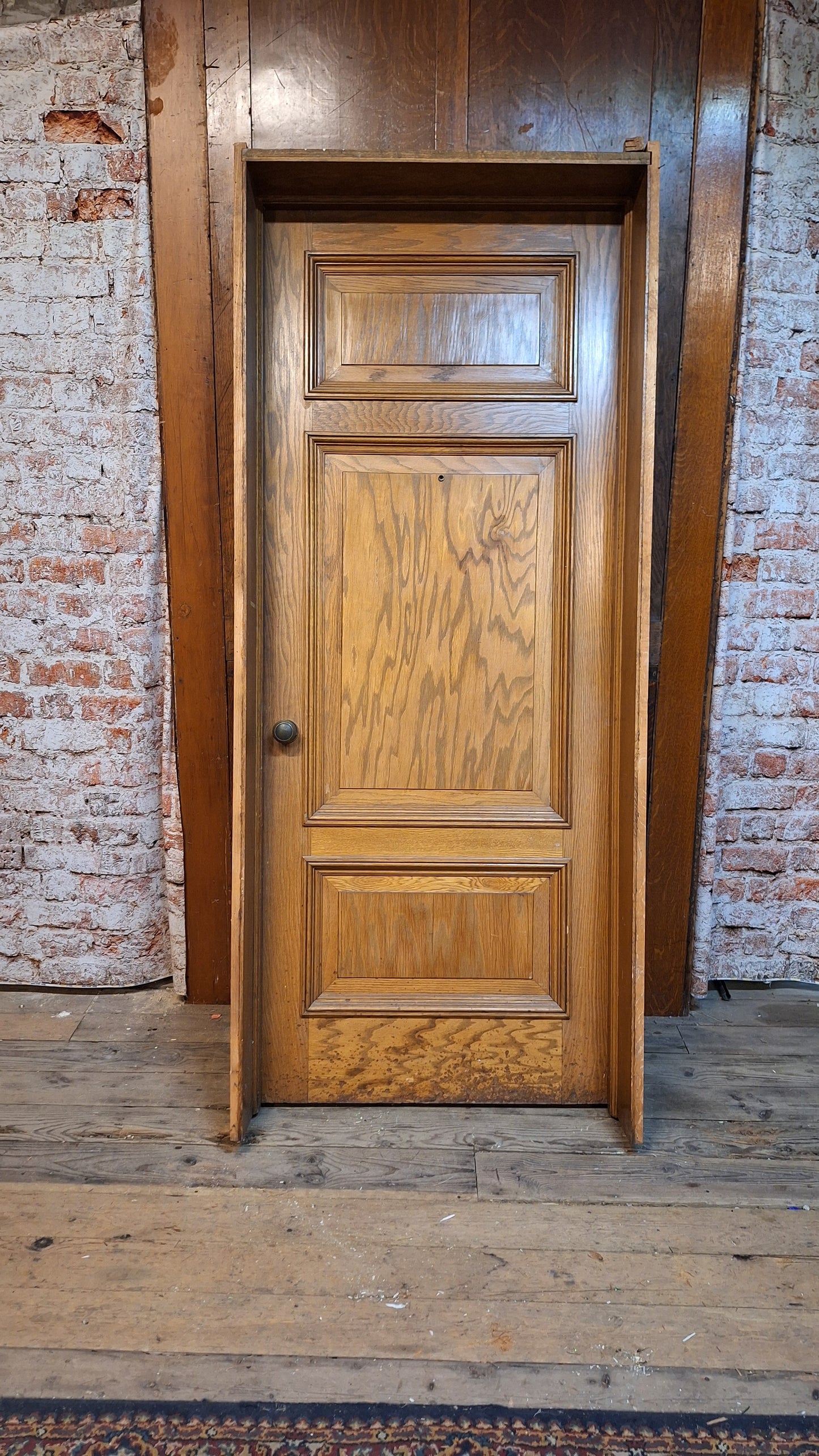 34" Oak Raised Panel Antique Door in Jamb, Interior Antique Passage Door in Frame, Salvaged Wood Door Architecture Salvage 080707
